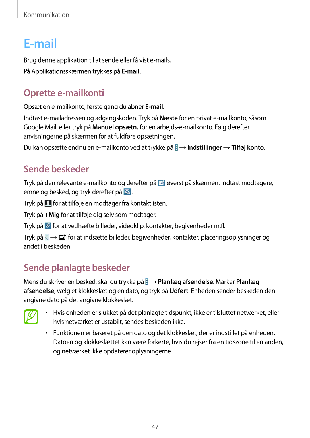 Samsung SM-T360NNGANEE manual Mail, Oprette e-mailkonti, Sende beskeder, Sende planlagte beskeder 