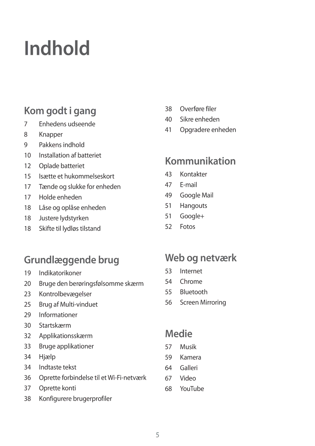 Samsung SM-T360NNGANEE manual Indhold, Kom godt i gang 