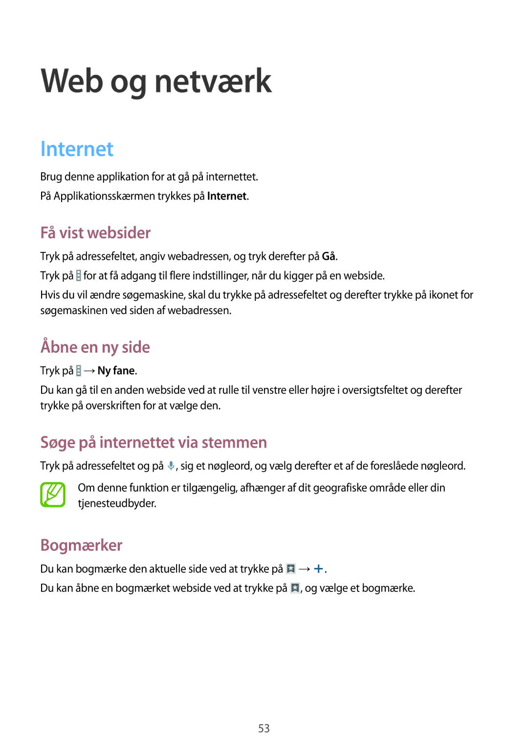 Samsung SM-T360NNGANEE manual Web og netværk, Internet 