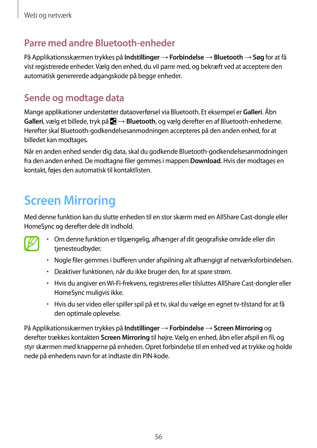 Samsung SM-T360NNGANEE manual Screen Mirroring, Parre med andre Bluetooth-enheder, Sende og modtage data 