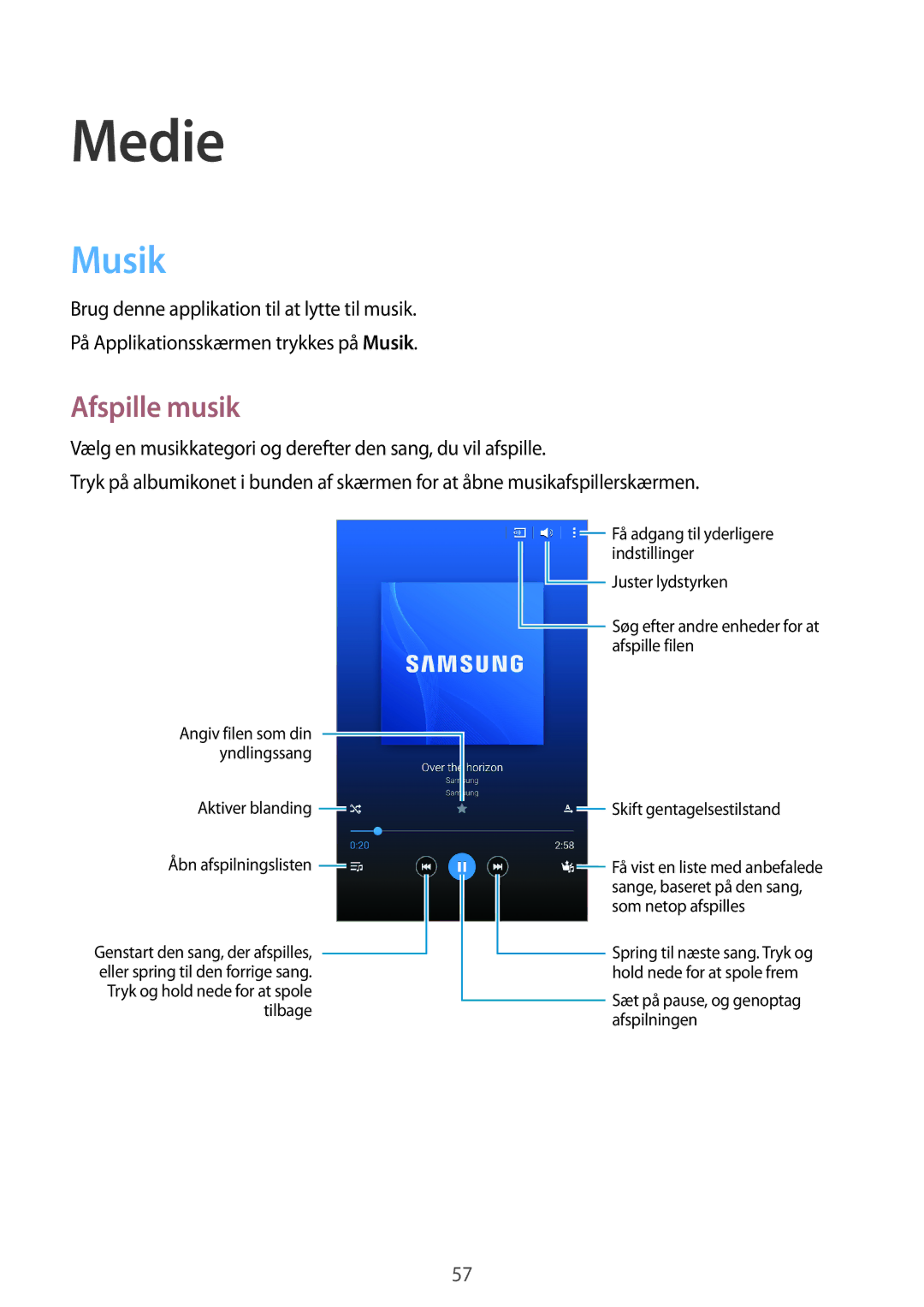 Samsung SM-T360NNGANEE manual Medie, Musik, Afspille musik 