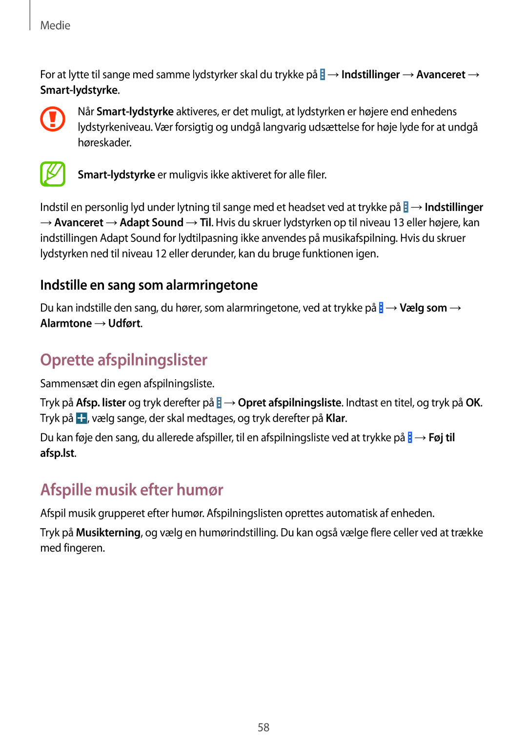 Samsung SM-T360NNGANEE manual Oprette afspilningslister, Afspille musik efter humør, Indstille en sang som alarmringetone 