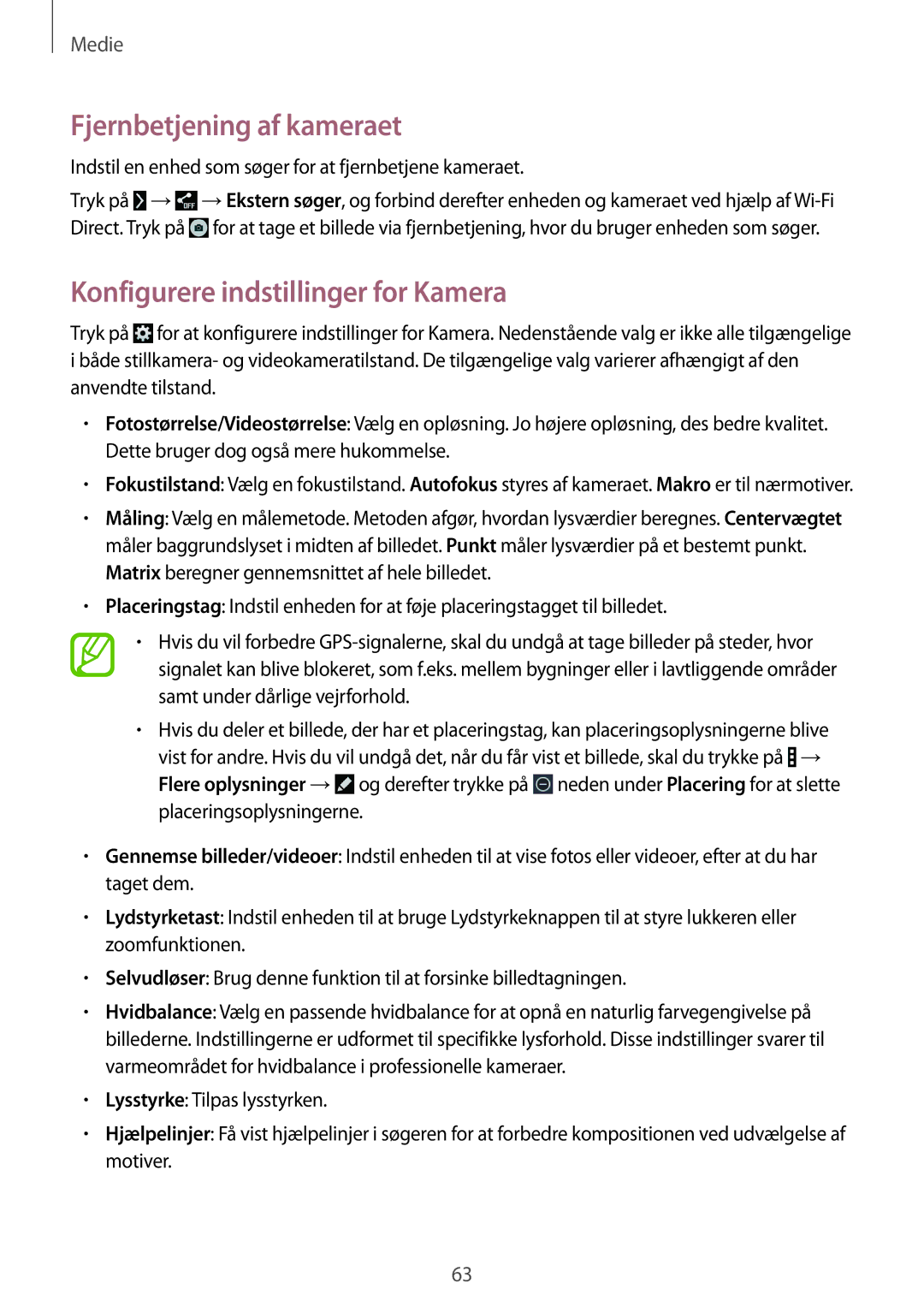 Samsung SM-T360NNGANEE manual Fjernbetjening af kameraet, Konfigurere indstillinger for Kamera 