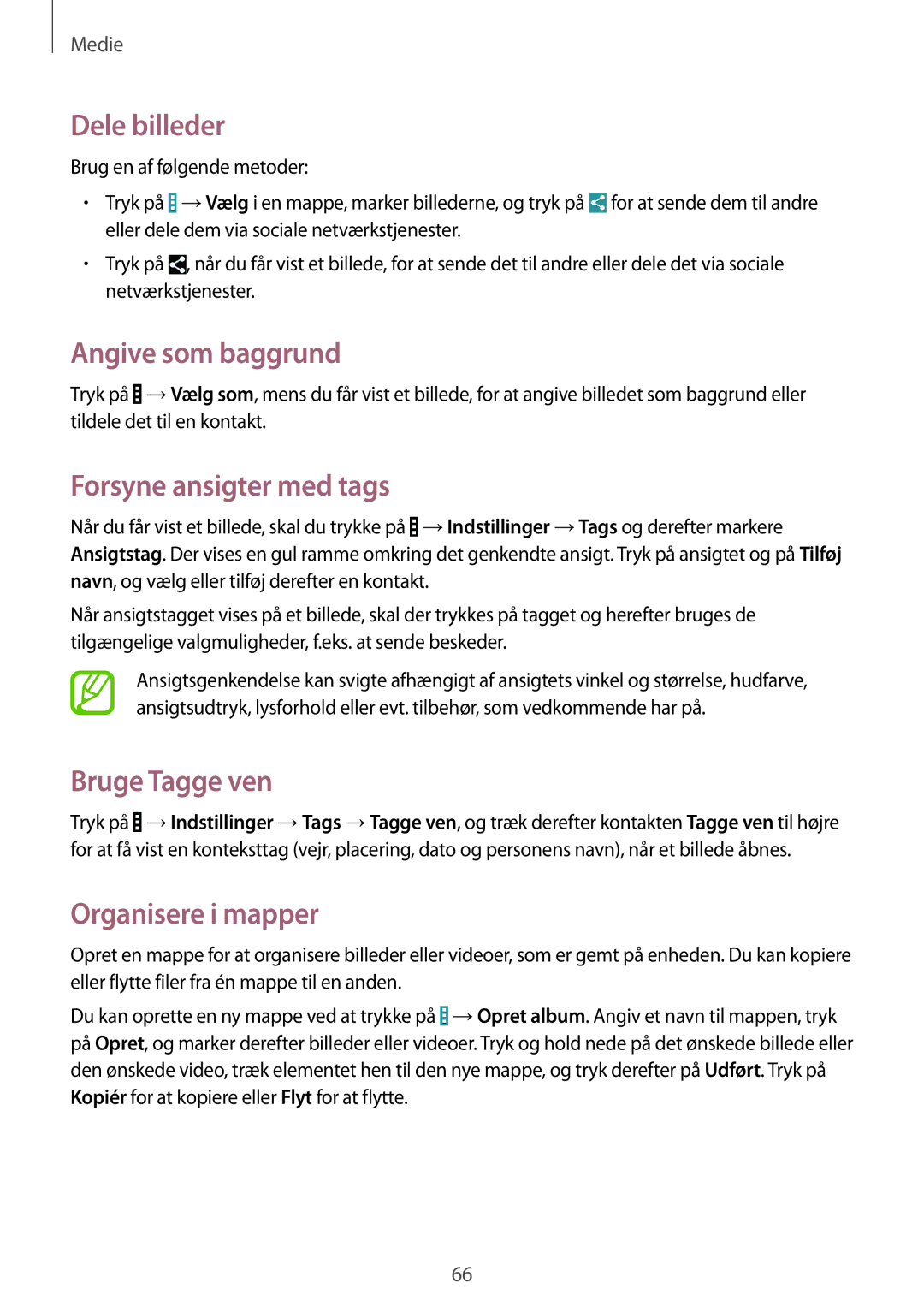 Samsung SM-T360NNGANEE manual Dele billeder, Angive som baggrund, Forsyne ansigter med tags, Bruge Tagge ven 