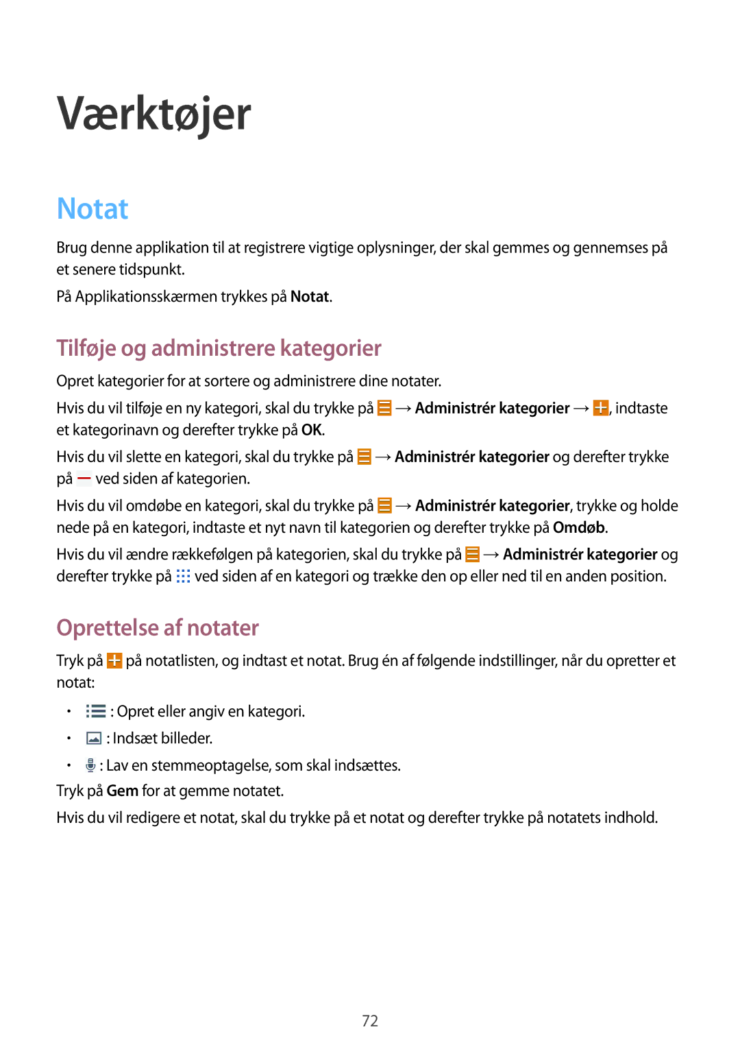Samsung SM-T360NNGANEE manual Værktøjer, Notat, Tilføje og administrere kategorier, Oprettelse af notater 