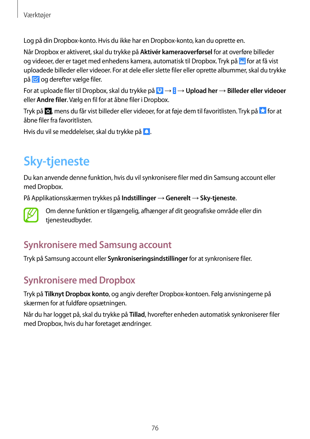 Samsung SM-T360NNGANEE manual Sky-tjeneste, Synkronisere med Samsung account, Synkronisere med Dropbox 