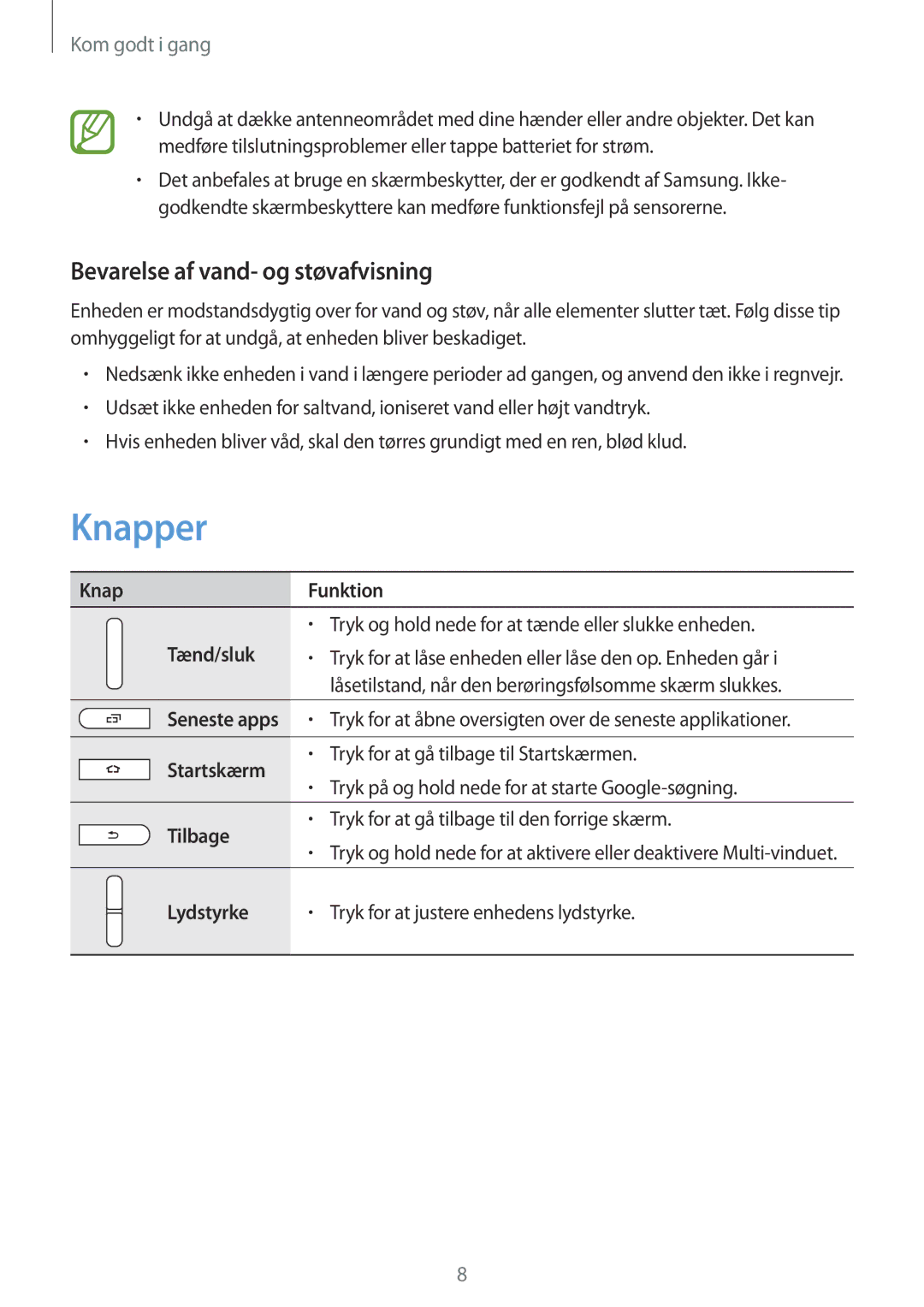 Samsung SM-T360NNGANEE manual Knapper, Bevarelse af vand- og støvafvisning 