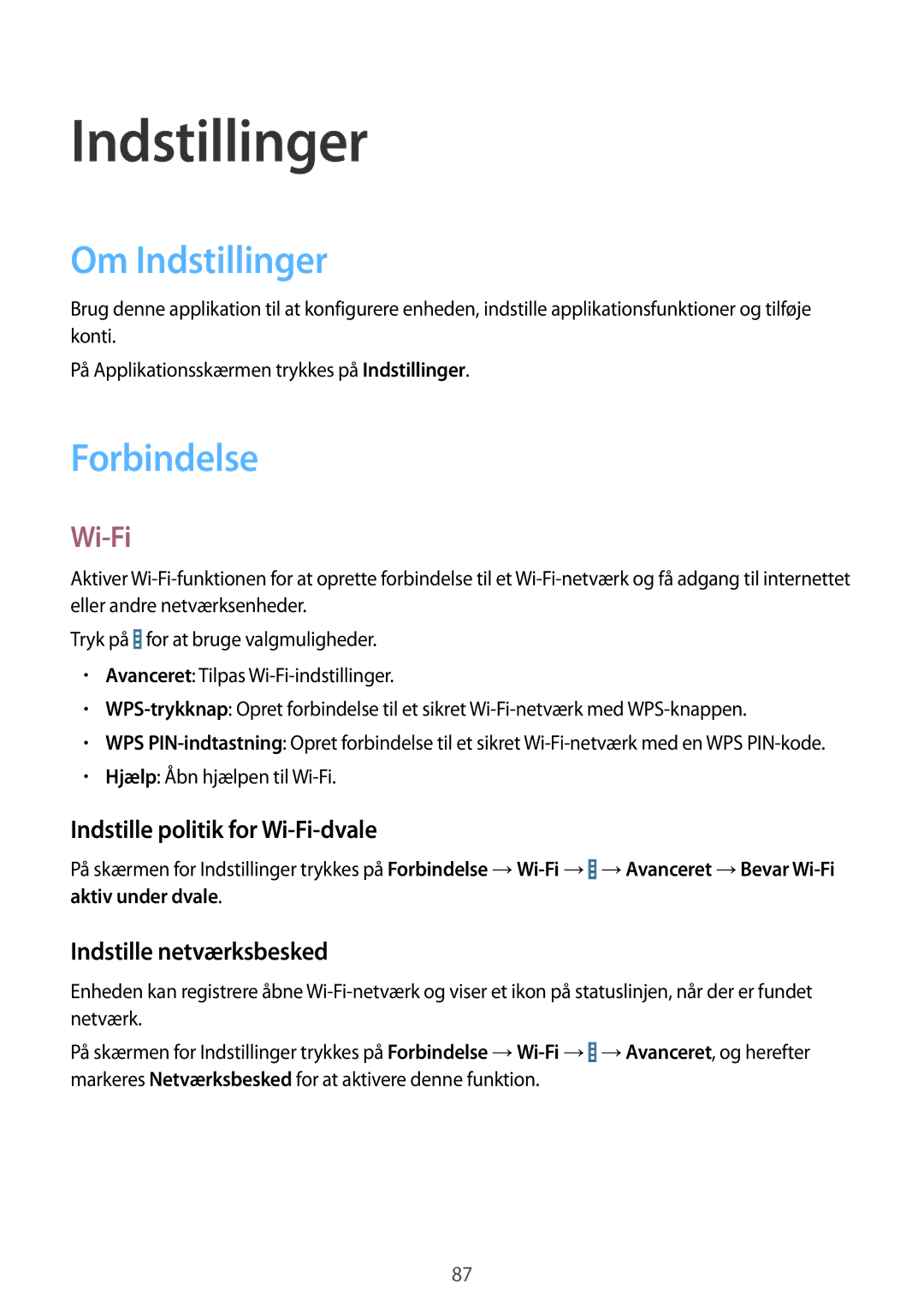 Samsung SM-T360NNGANEE manual Om Indstillinger, Forbindelse, Wi-Fi 