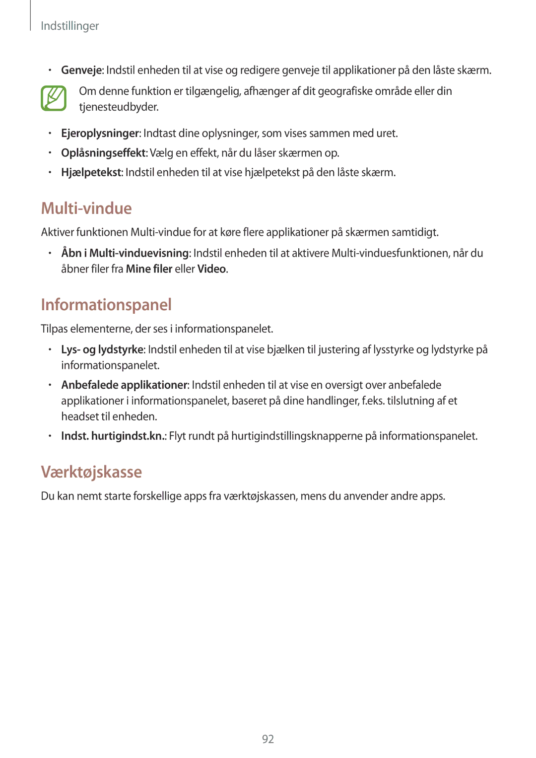 Samsung SM-T360NNGANEE manual Multi-vindue, Informationspanel, Værktøjskasse 