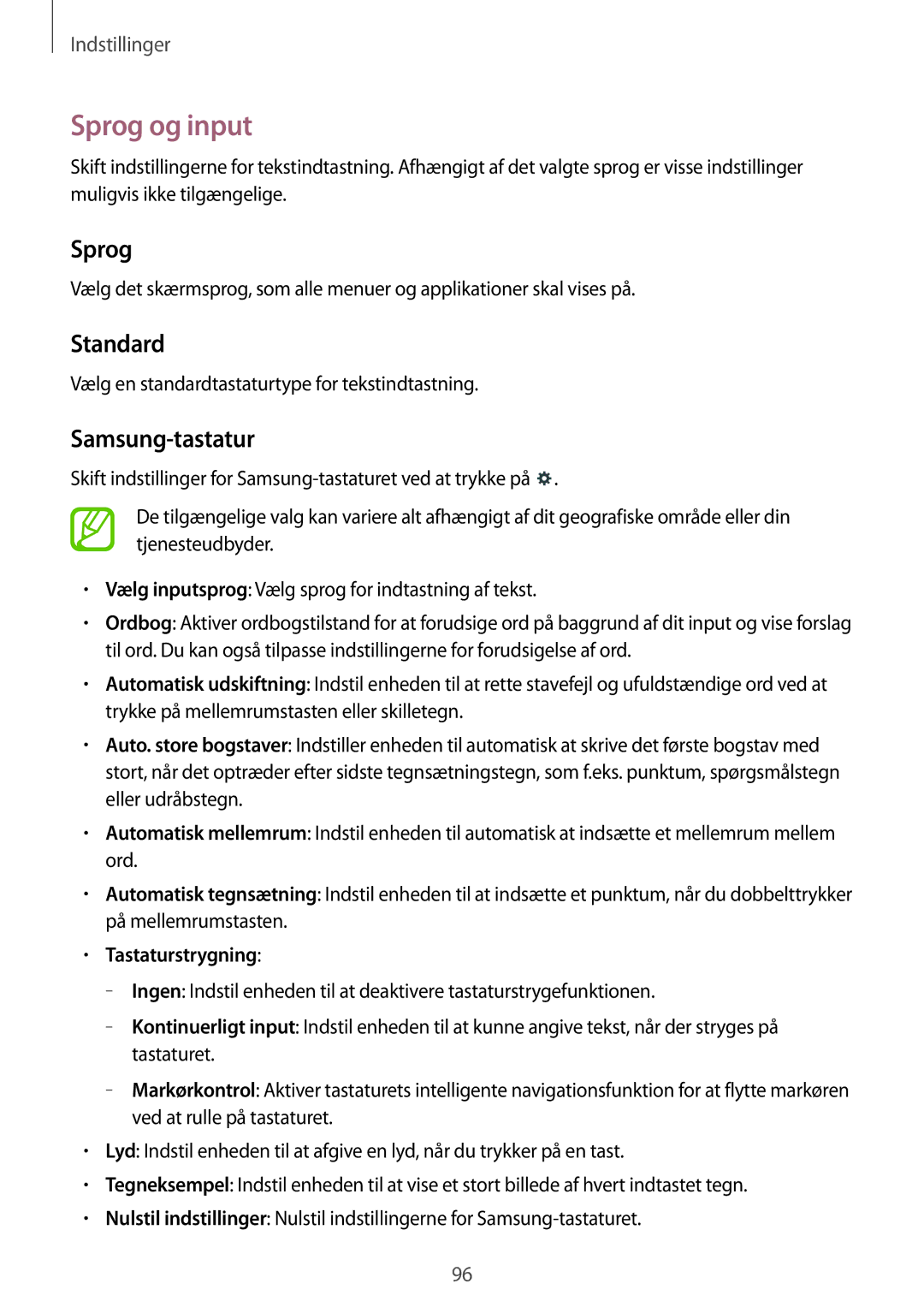 Samsung SM-T360NNGANEE manual Sprog og input, Standard, Samsung-tastatur, Tastaturstrygning 