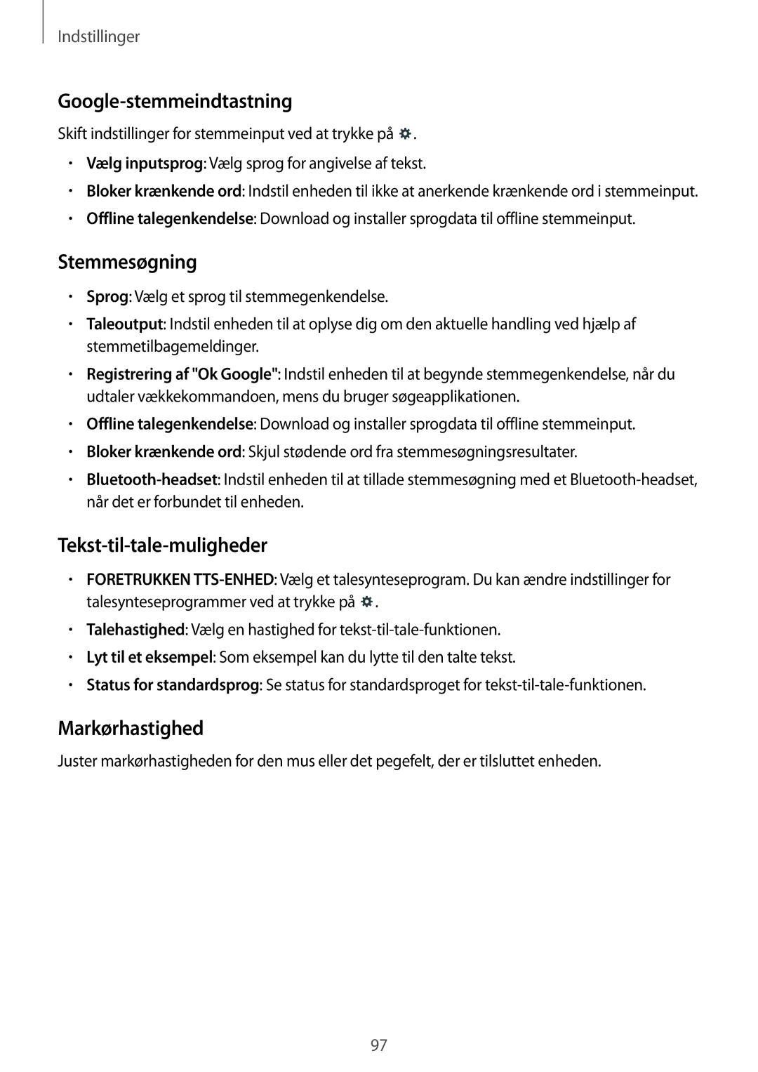 Samsung SM-T360NNGANEE manual Google-stemmeindtastning, Stemmesøgning, Tekst-til-tale-muligheder, Markørhastighed 