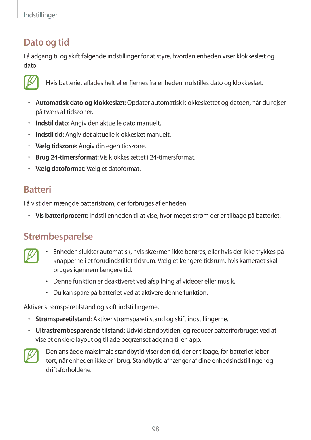 Samsung SM-T360NNGANEE manual Dato og tid, Batteri, Strømbesparelse 