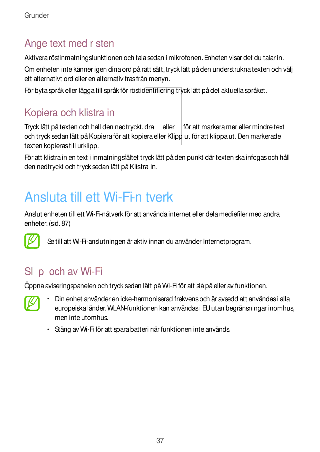 Samsung SM-T360NNGANEE Ansluta till ett Wi-Fi-nätverk, Ange text med rösten, Kopiera och klistra, Slå på och av Wi-Fi 