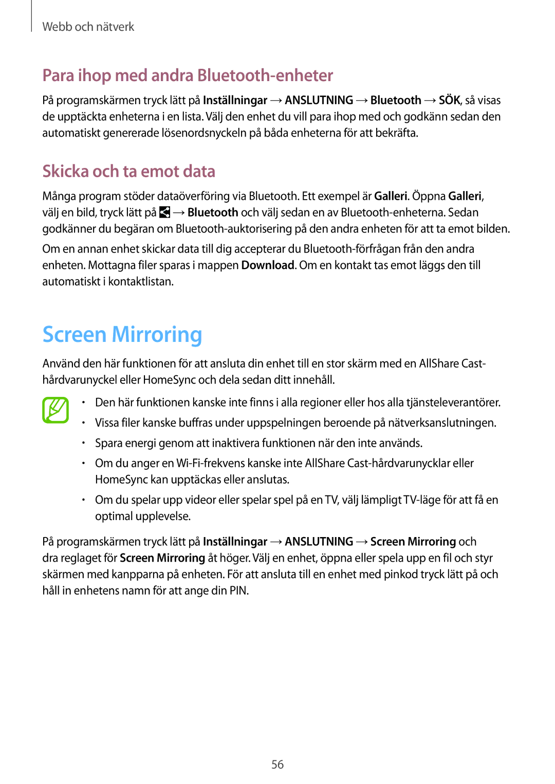 Samsung SM-T360NNGANEE manual Screen Mirroring, Para ihop med andra Bluetooth-enheter, Skicka och ta emot data 