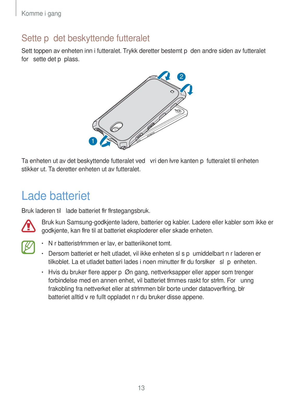 Samsung SM-T360NNGANEE manual Lade batteriet, Sette på det beskyttende futteralet 