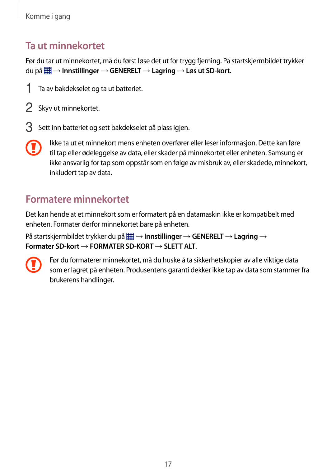 Samsung SM-T360NNGANEE manual Ta ut minnekortet, Formatere minnekortet 