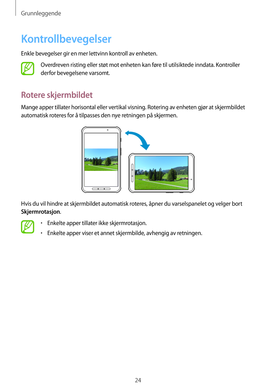 Samsung SM-T360NNGANEE manual Kontrollbevegelser, Rotere skjermbildet 