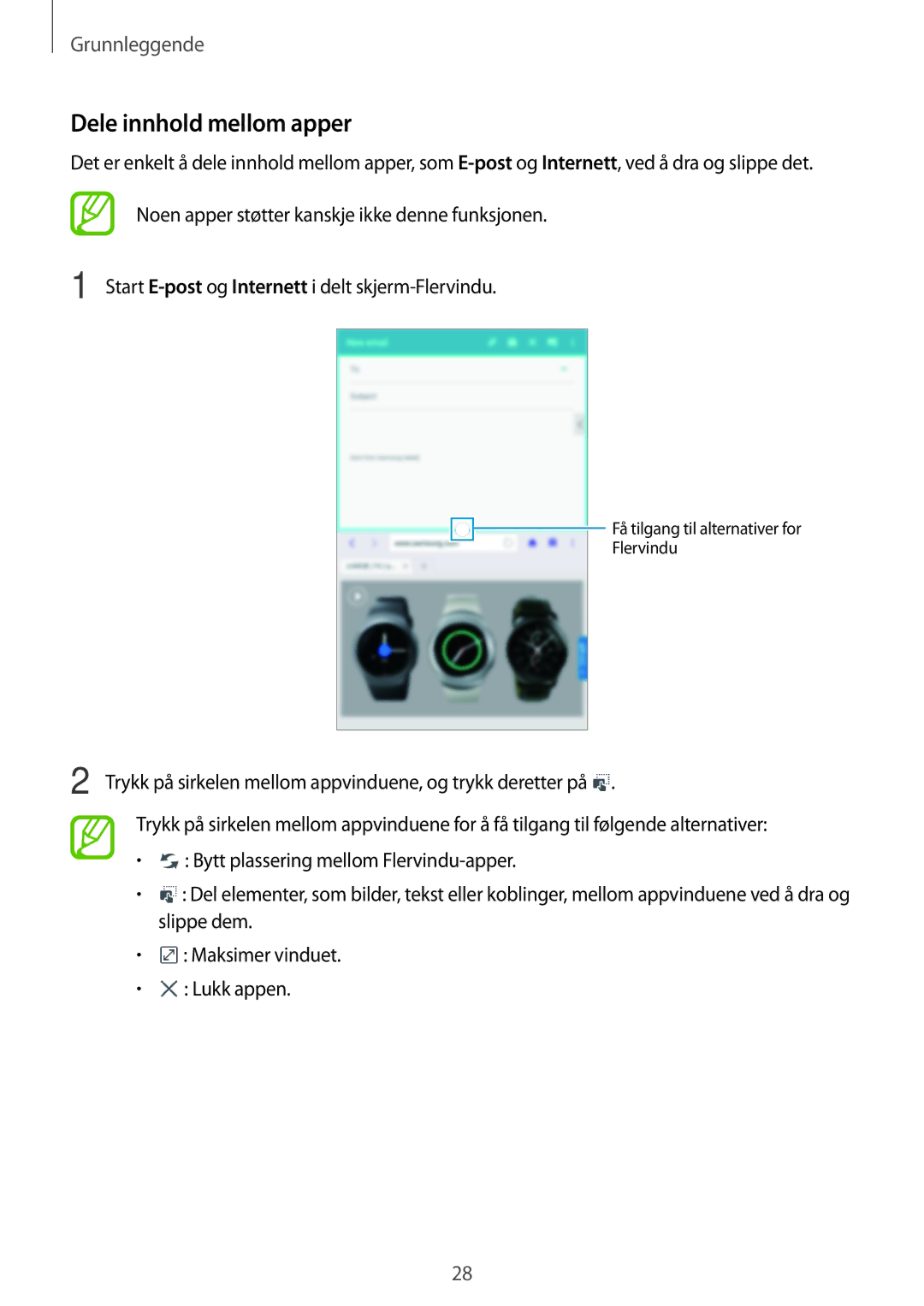 Samsung SM-T360NNGANEE manual Dele innhold mellom apper 