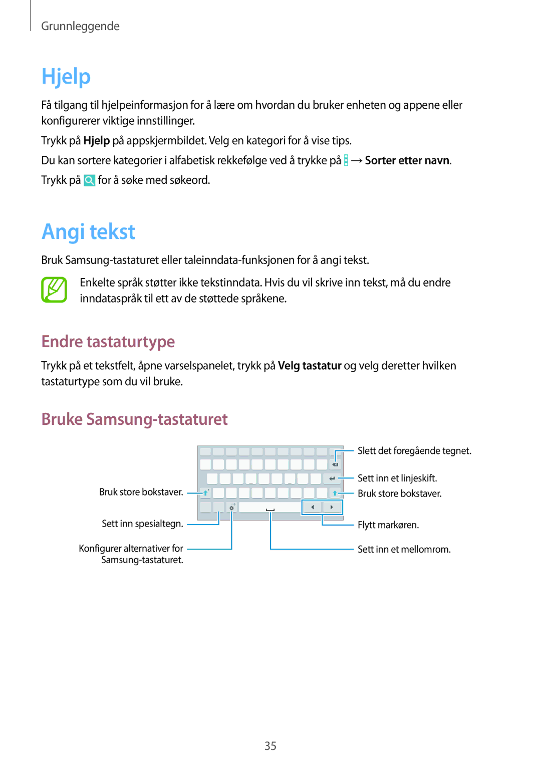 Samsung SM-T360NNGANEE manual Hjelp, Angi tekst, Endre tastaturtype, Bruke Samsung-tastaturet 