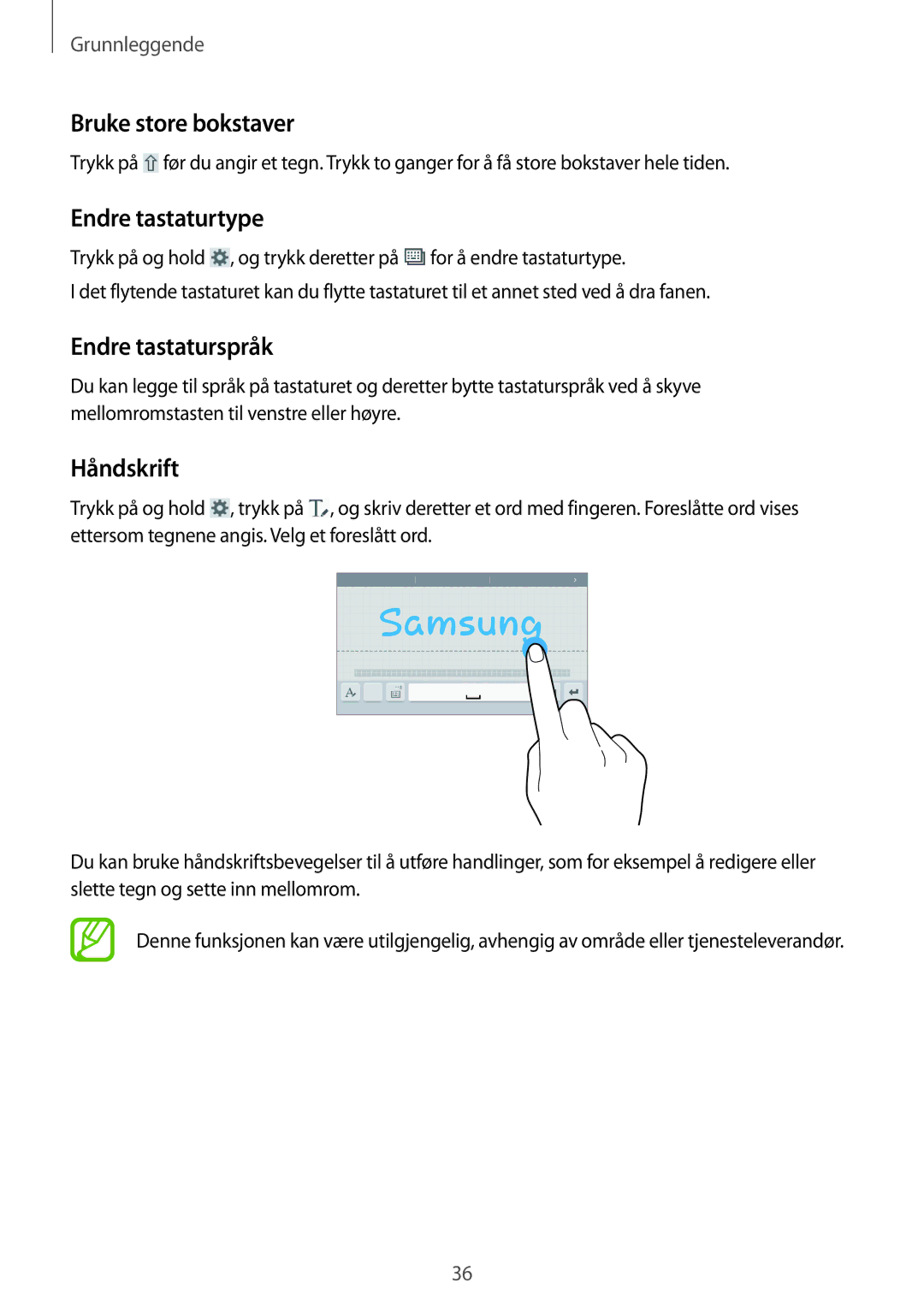 Samsung SM-T360NNGANEE manual Bruke store bokstaver, Endre tastaturtype, Endre tastaturspråk, Håndskrift 