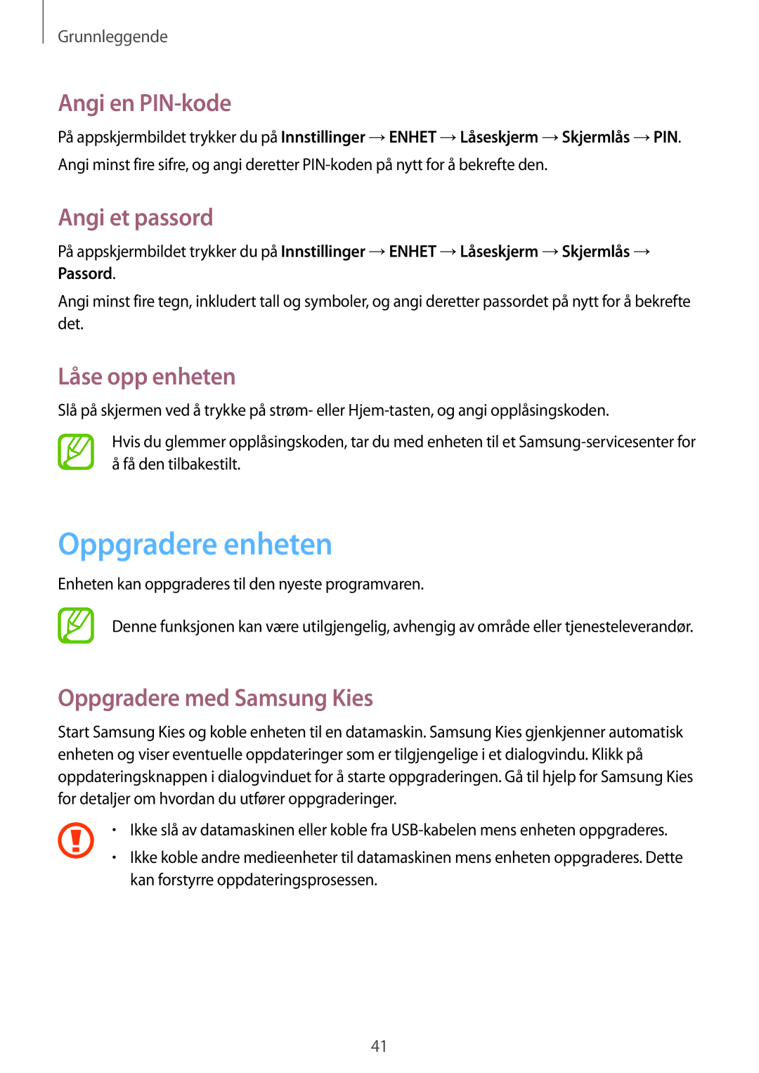 Samsung SM-T360NNGANEE manual Oppgradere enheten, Angi en PIN-kode, Angi et passord, Låse opp enheten 