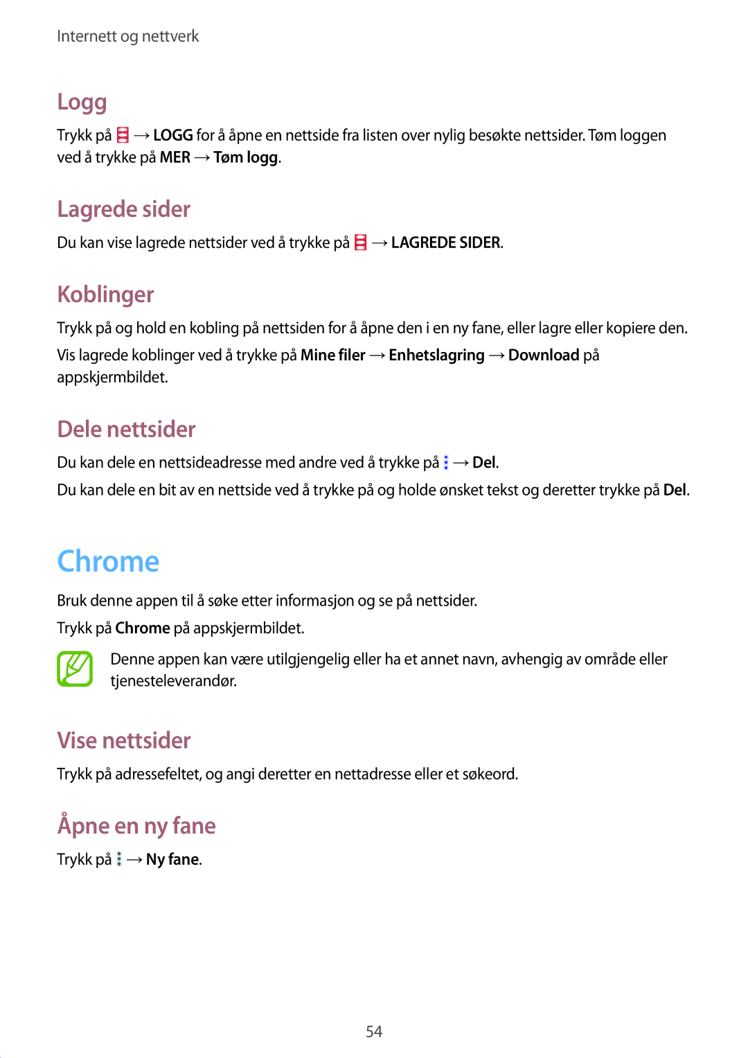 Samsung SM-T360NNGANEE manual Chrome, Logg, Lagrede sider, Koblinger, Dele nettsider 