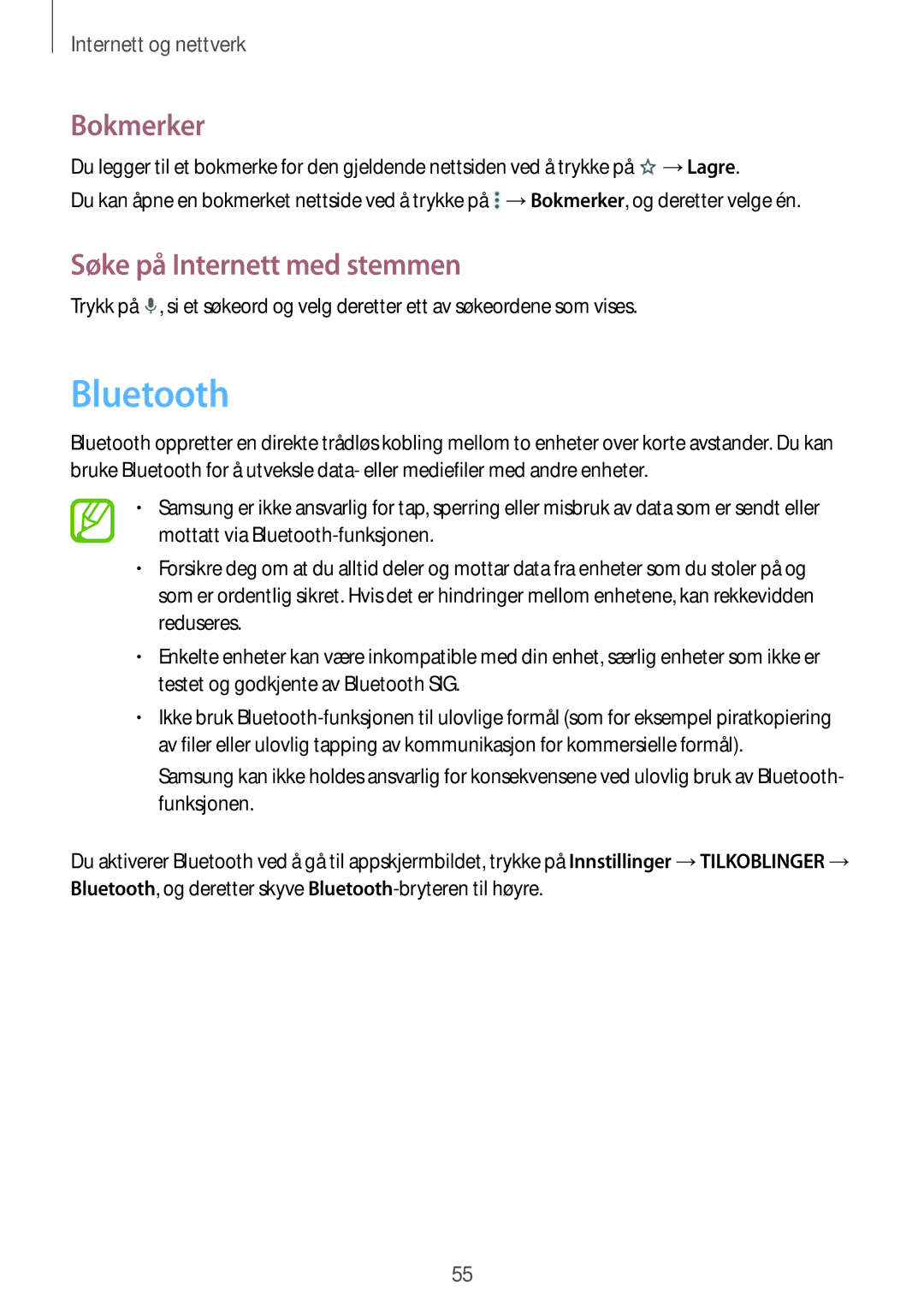 Samsung SM-T360NNGANEE manual Bluetooth 