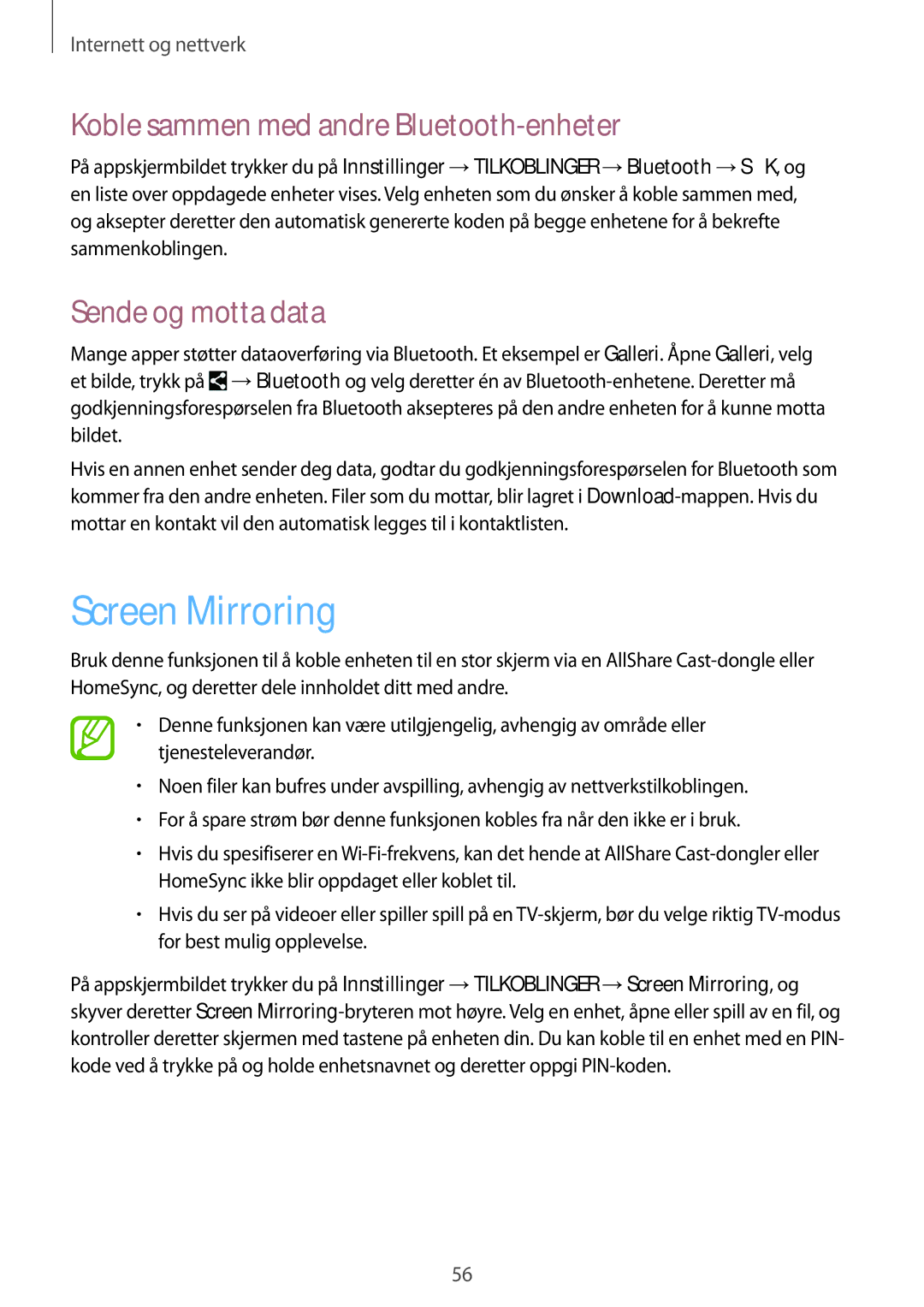 Samsung SM-T360NNGANEE manual Screen Mirroring, Koble sammen med andre Bluetooth-enheter, Sende og motta data 