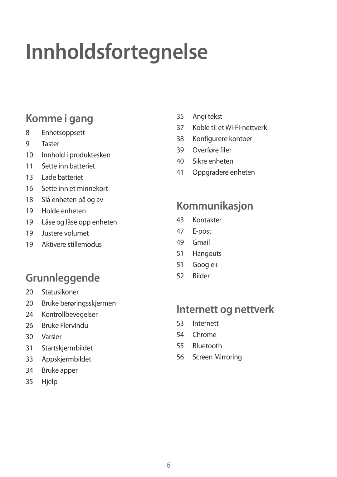 Samsung SM-T360NNGANEE manual Innholdsfortegnelse, Komme i gang 