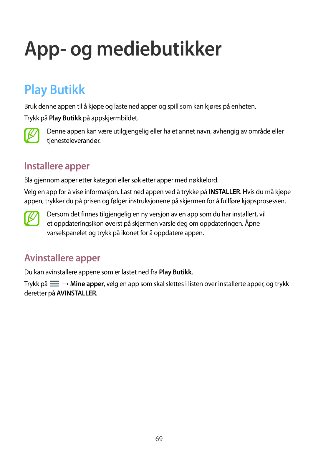 Samsung SM-T360NNGANEE manual App- og mediebutikker, Play Butikk 