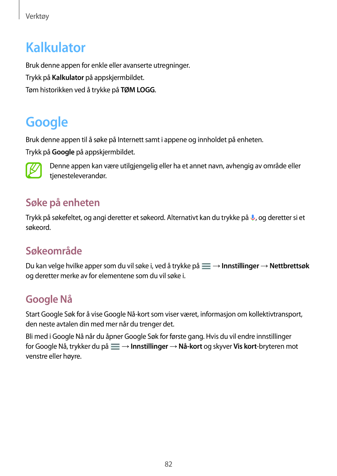 Samsung SM-T360NNGANEE manual Kalkulator, Søke på enheten, Søkeområde, Google Nå 