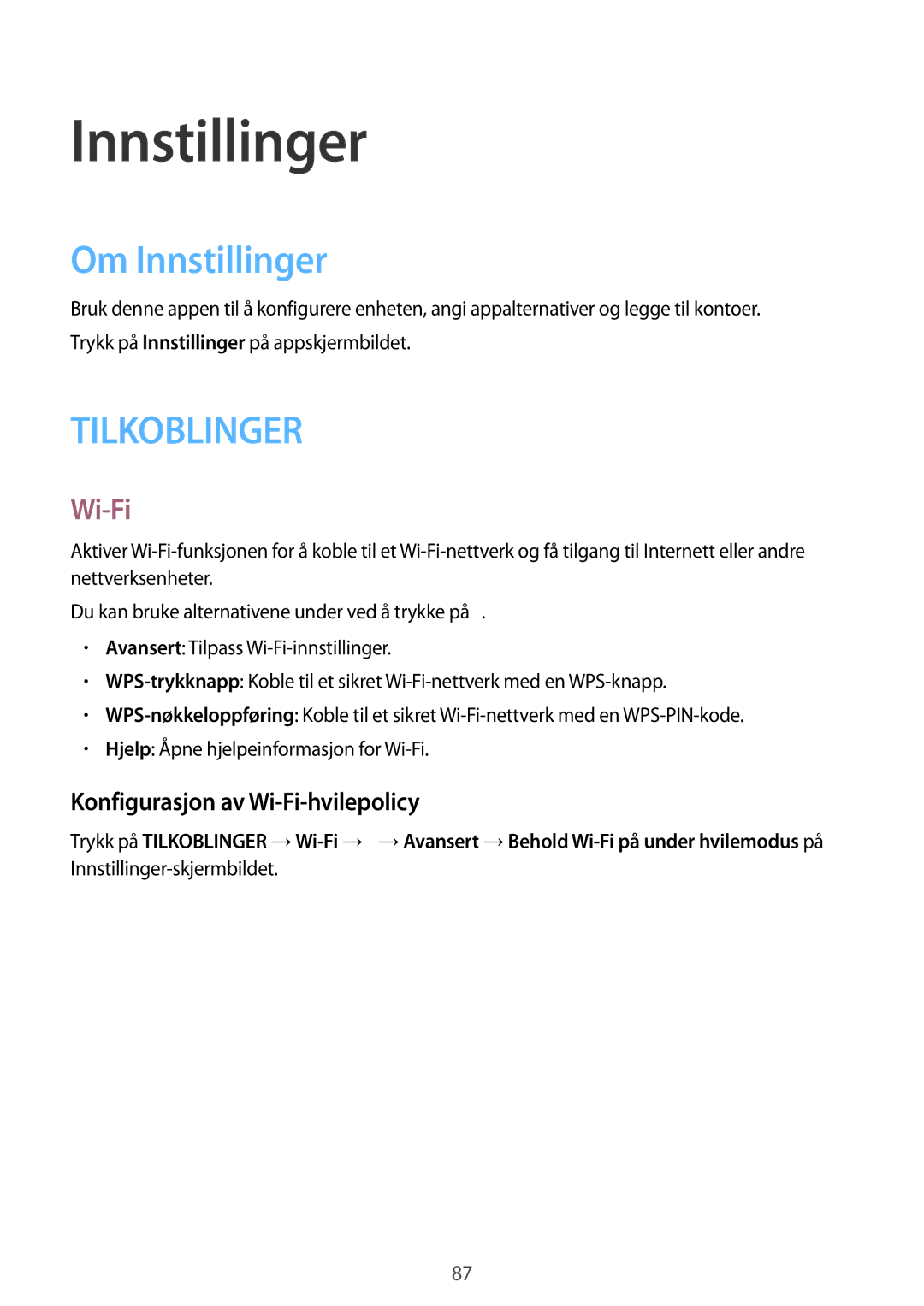 Samsung SM-T360NNGANEE manual Om Innstillinger, Konfigurasjon av Wi-Fi-hvilepolicy 