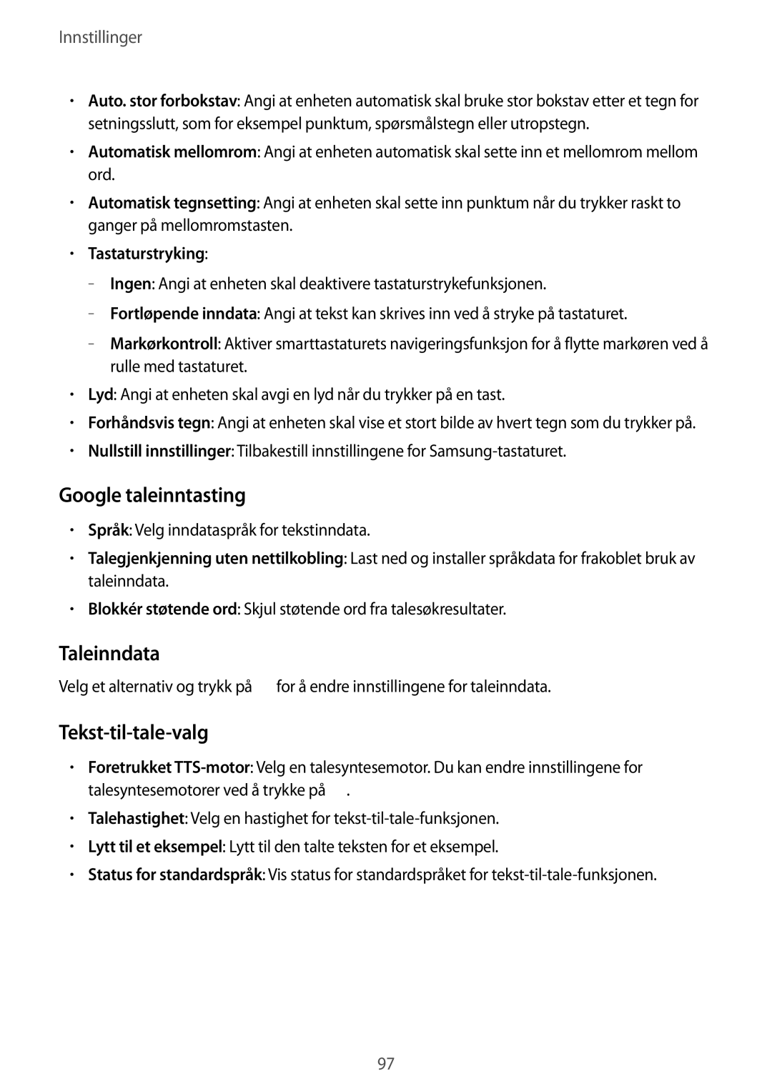 Samsung SM-T360NNGANEE manual Google taleinntasting, Taleinndata, Tekst-til-tale-valg 