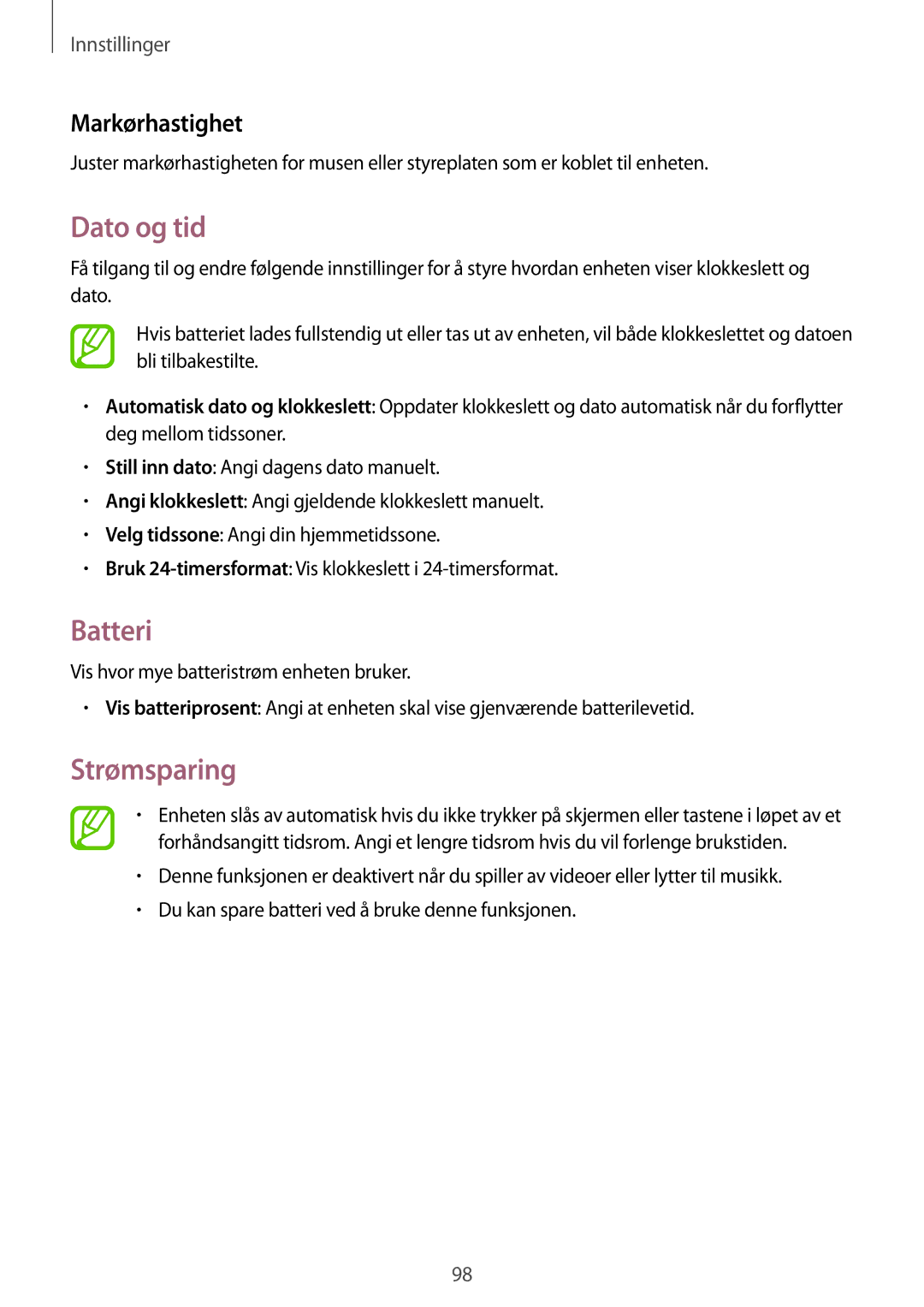 Samsung SM-T360NNGANEE manual Dato og tid, Batteri, Strømsparing, Markørhastighet 