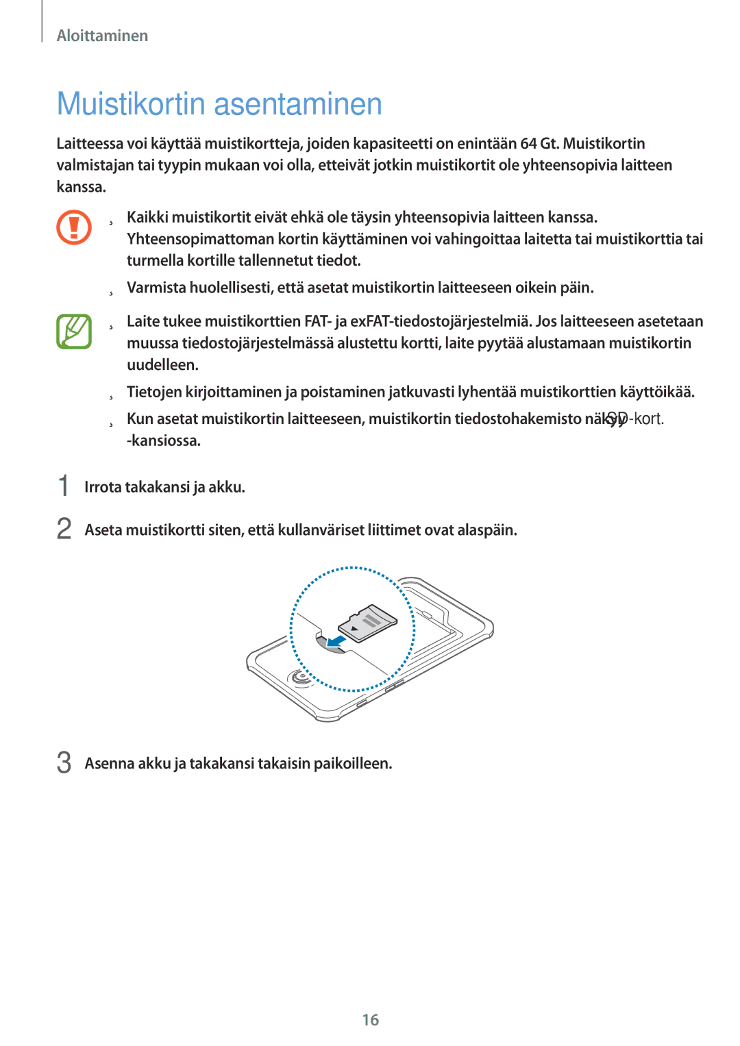 Samsung SM-T360NNGANEE manual Muistikortin asentaminen 