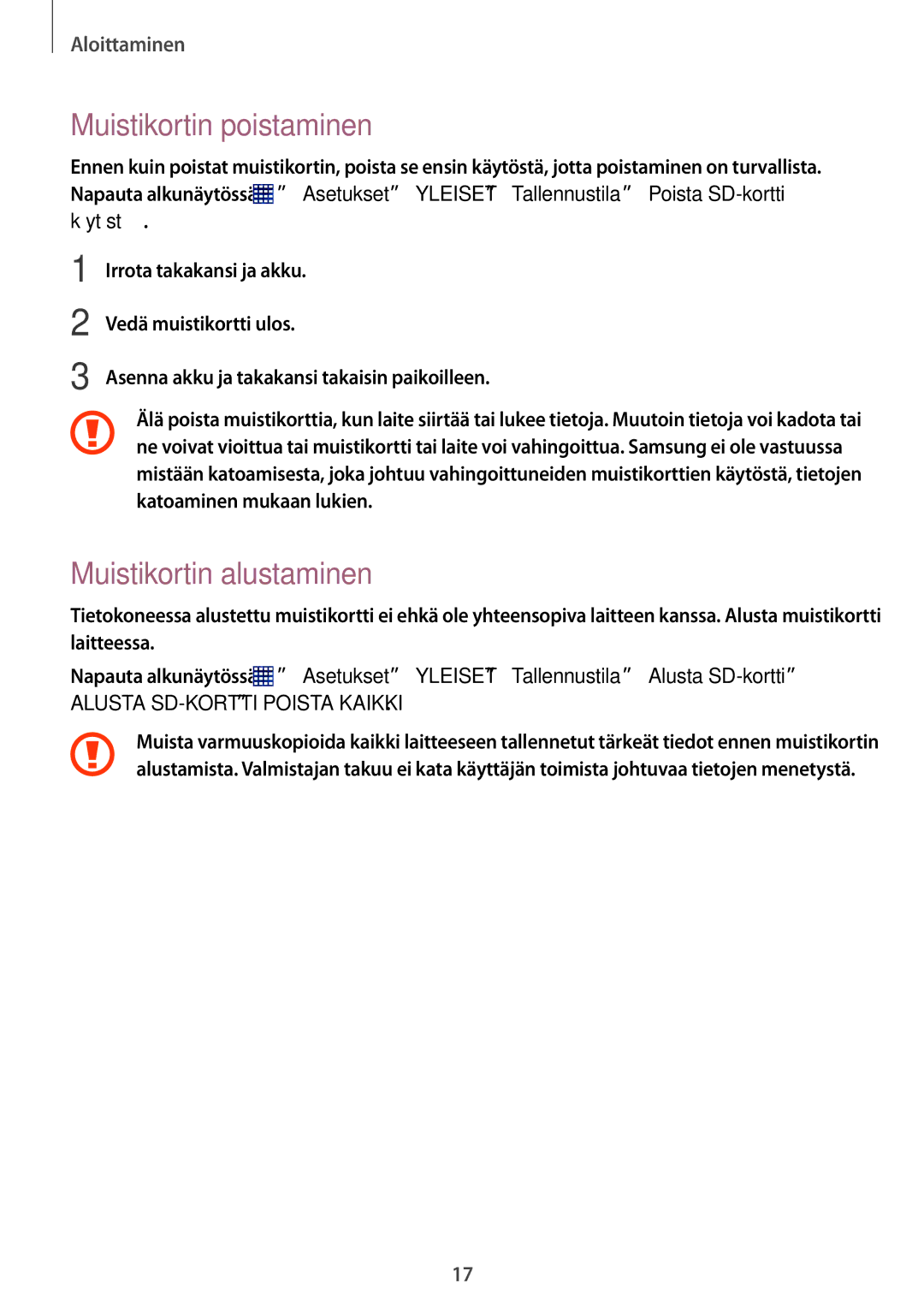 Samsung SM-T360NNGANEE manual Muistikortin poistaminen, Muistikortin alustaminen 