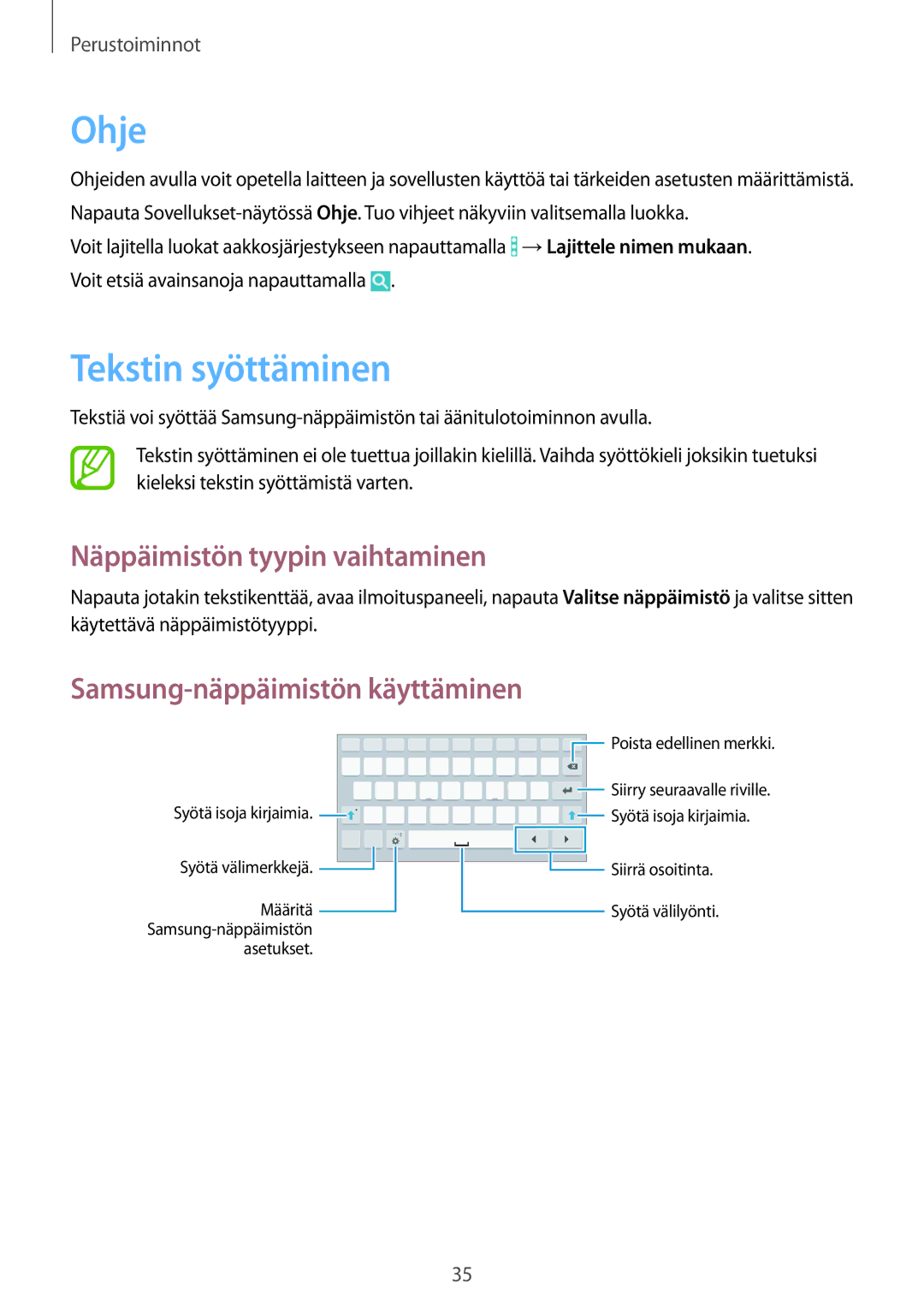 Samsung SM-T360NNGANEE manual Ohje, Tekstin syöttäminen, Näppäimistön tyypin vaihtaminen, Samsung-näppäimistön käyttäminen 