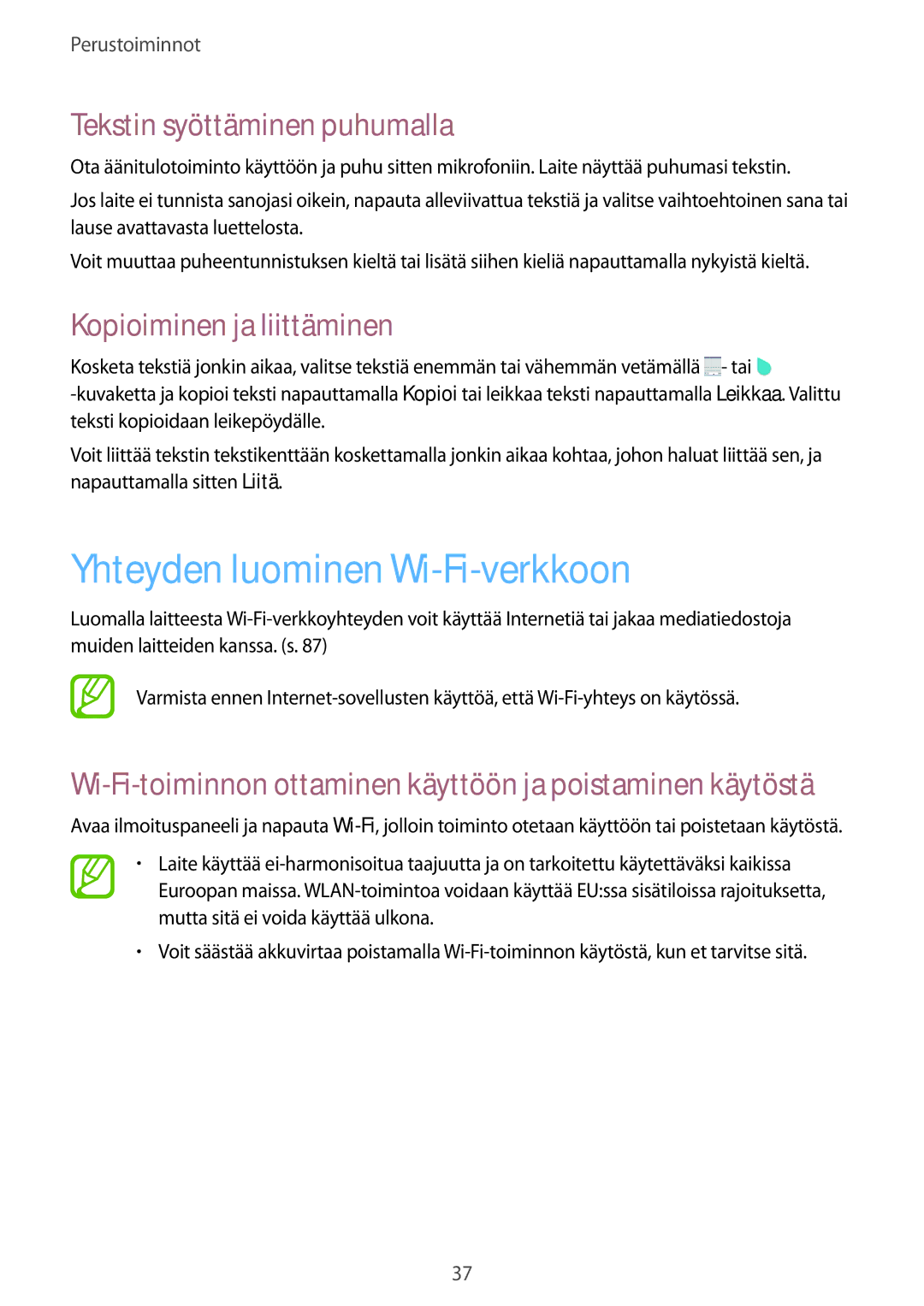 Samsung SM-T360NNGANEE manual Yhteyden luominen Wi-Fi-verkkoon, Tekstin syöttäminen puhumalla, Kopioiminen ja liittäminen 