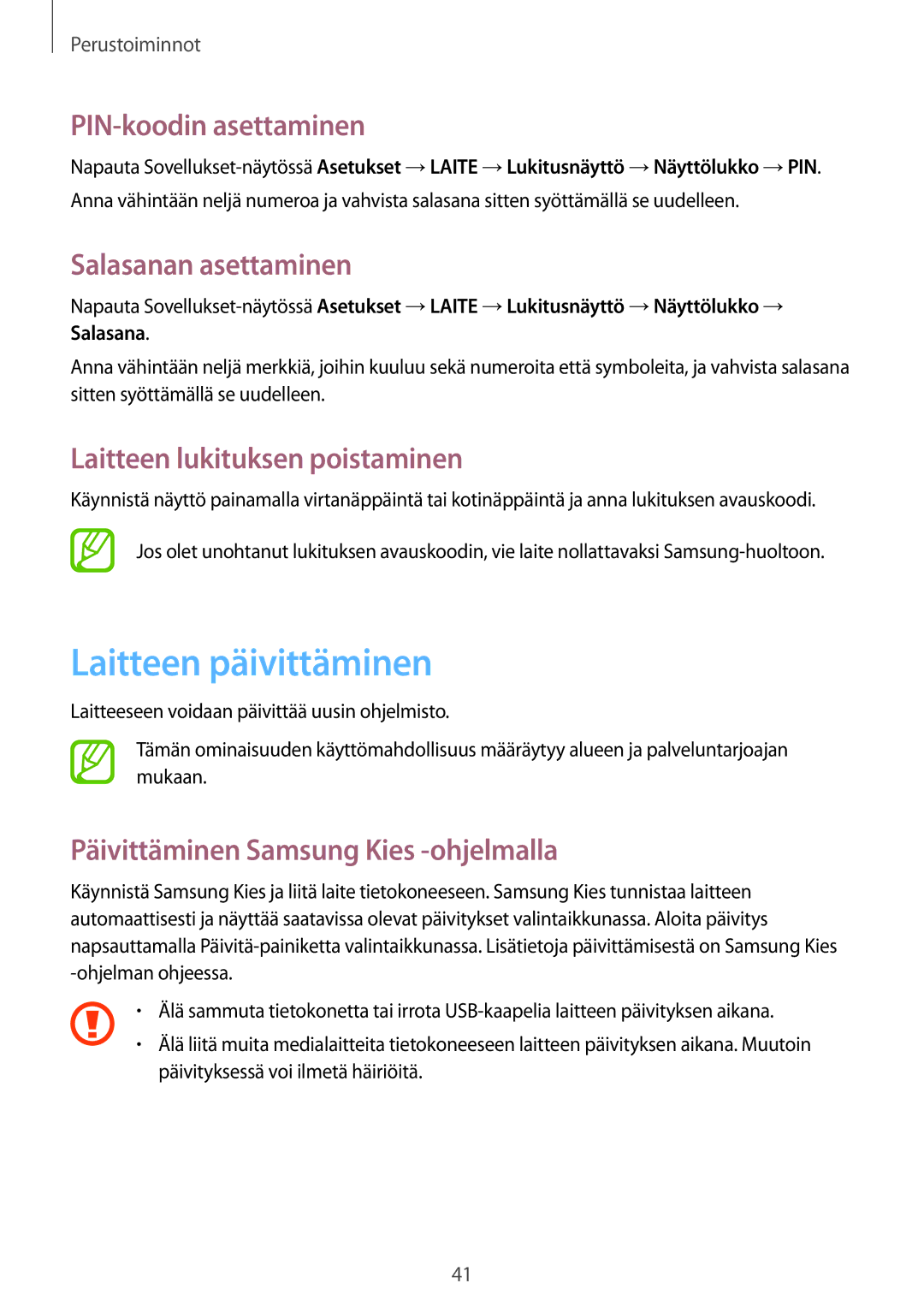 Samsung SM-T360NNGANEE manual Laitteen päivittäminen, PIN-koodin asettaminen, Salasanan asettaminen 