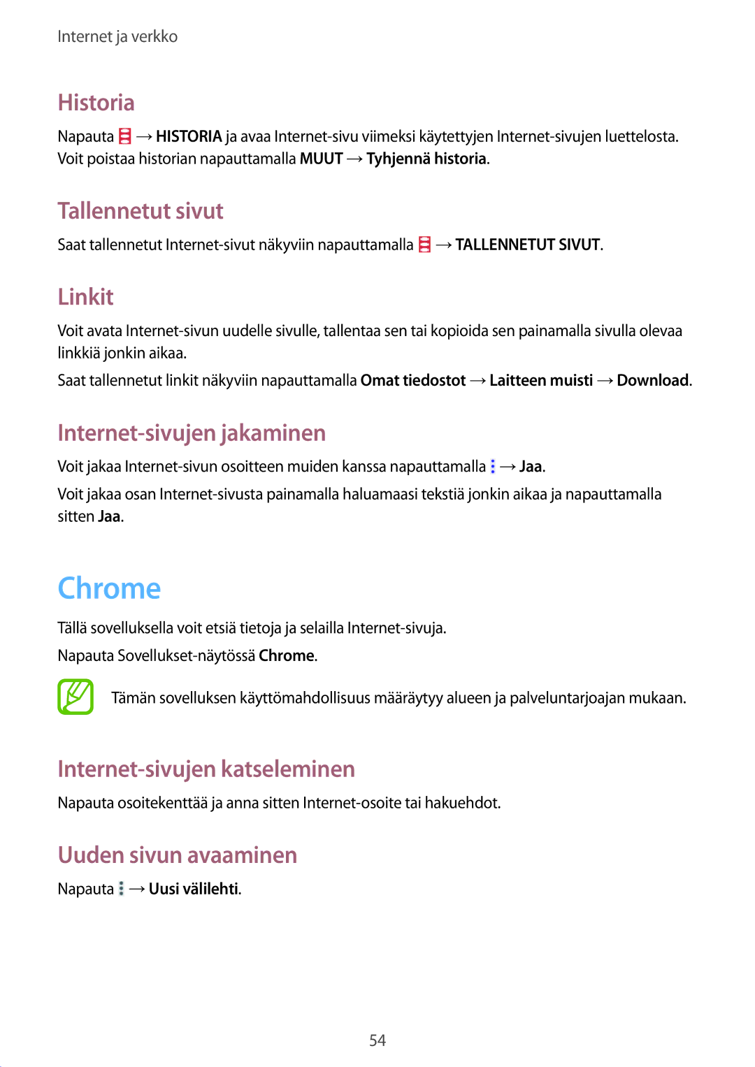 Samsung SM-T360NNGANEE manual Chrome, Historia, Tallennetut sivut, Linkit, Internet-sivujen jakaminen 