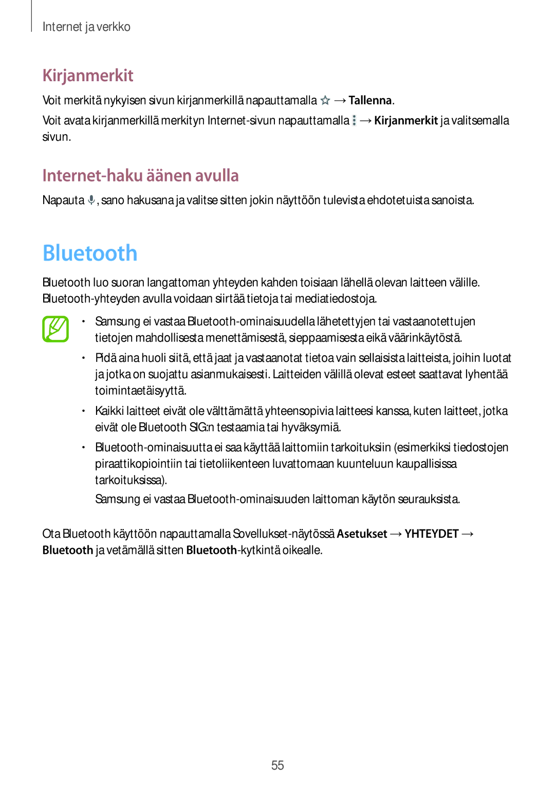 Samsung SM-T360NNGANEE manual Bluetooth 