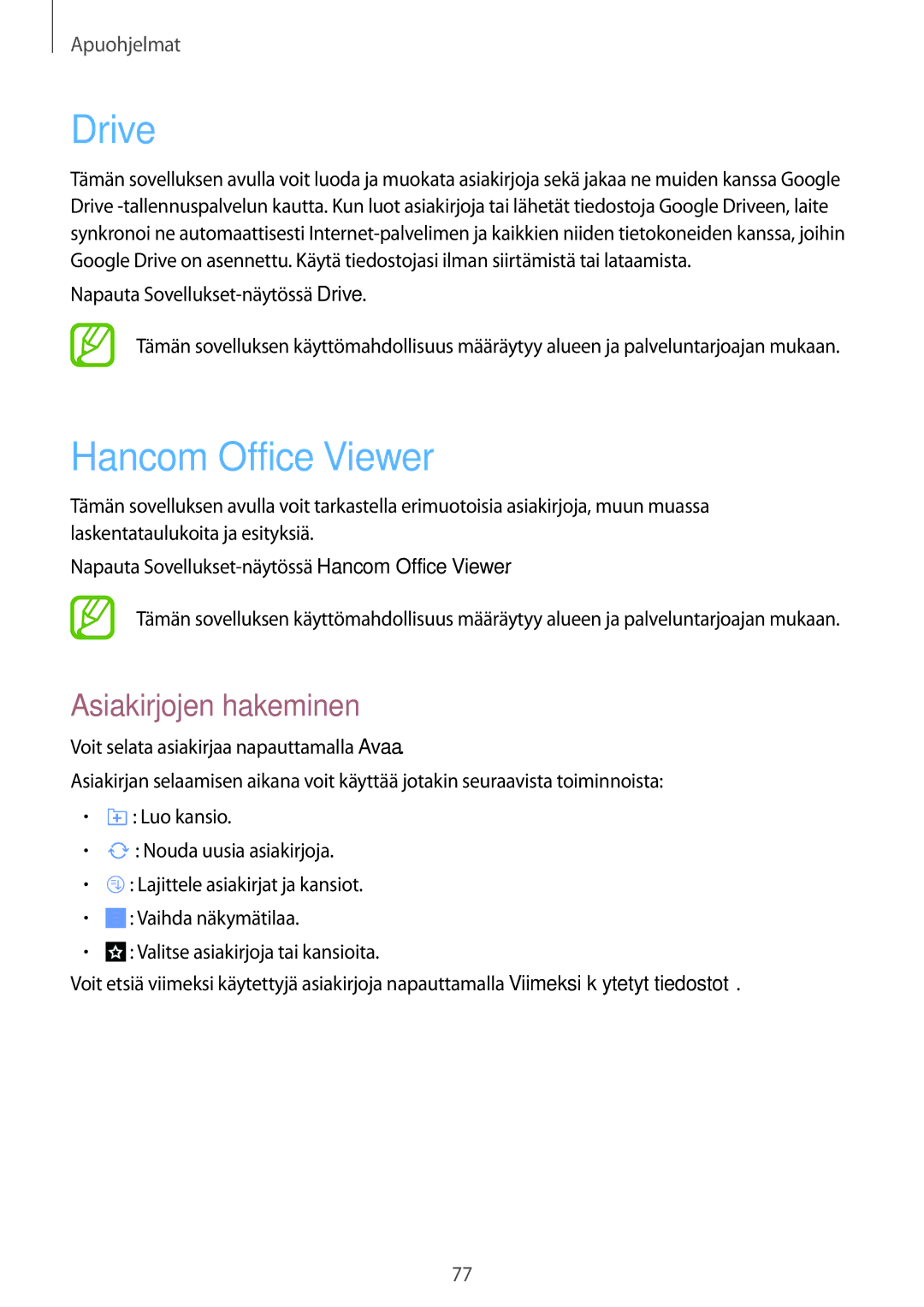 Samsung SM-T360NNGANEE manual Drive, Hancom Office Viewer, Asiakirjojen hakeminen 