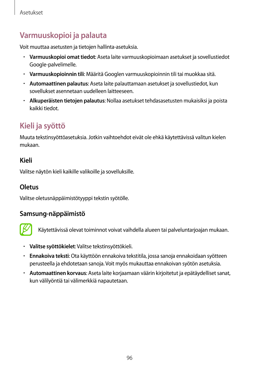 Samsung SM-T360NNGANEE manual Varmuuskopioi ja palauta, Kieli ja syöttö, Oletus, Samsung-näppäimistö 