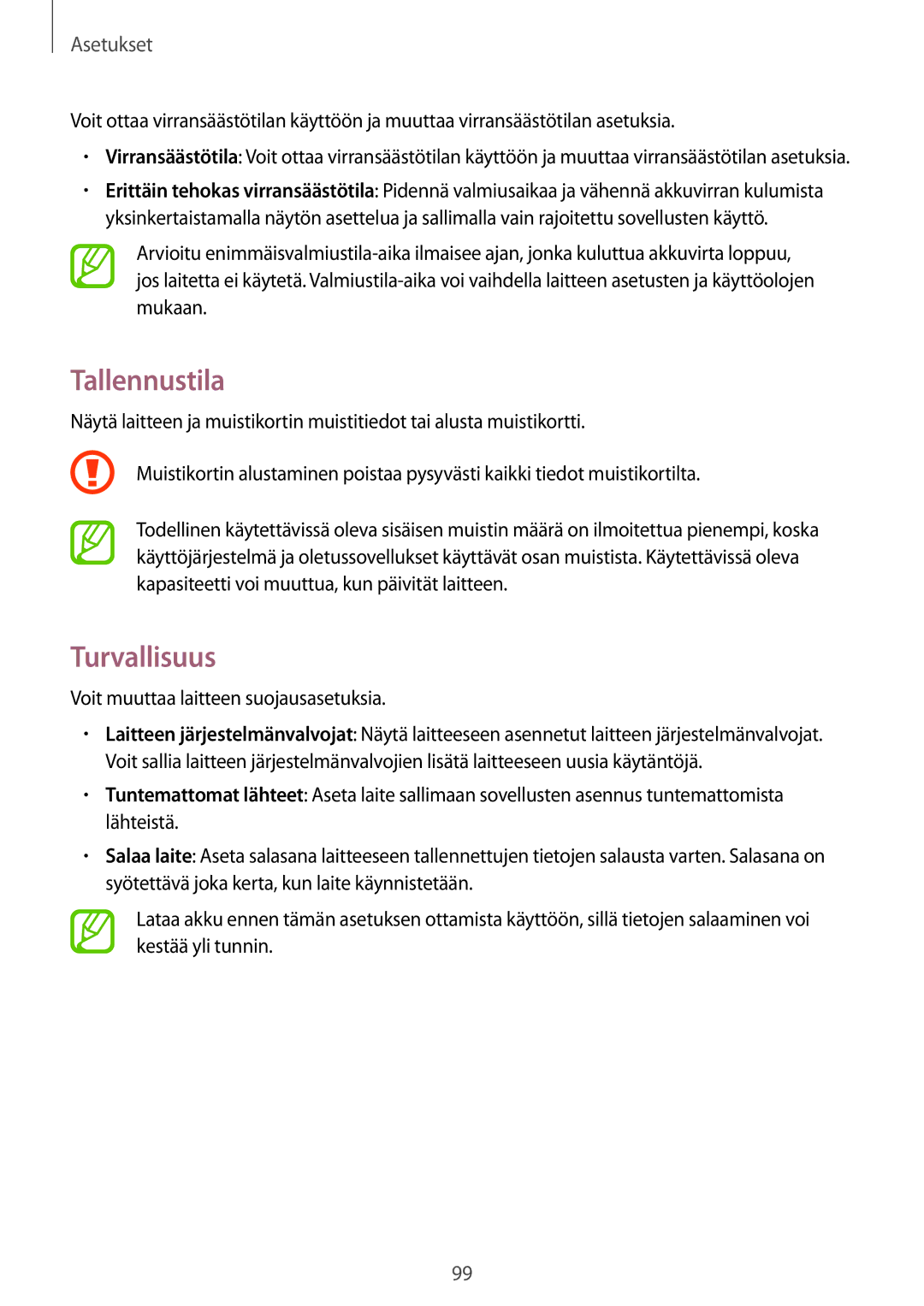 Samsung SM-T360NNGANEE manual Tallennustila, Turvallisuus 