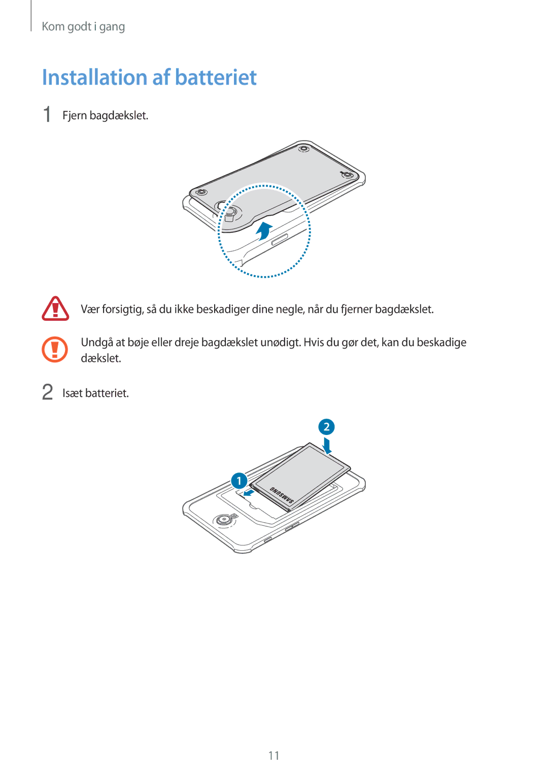 Samsung SM-T360NNGANEE manual Installation af batteriet 