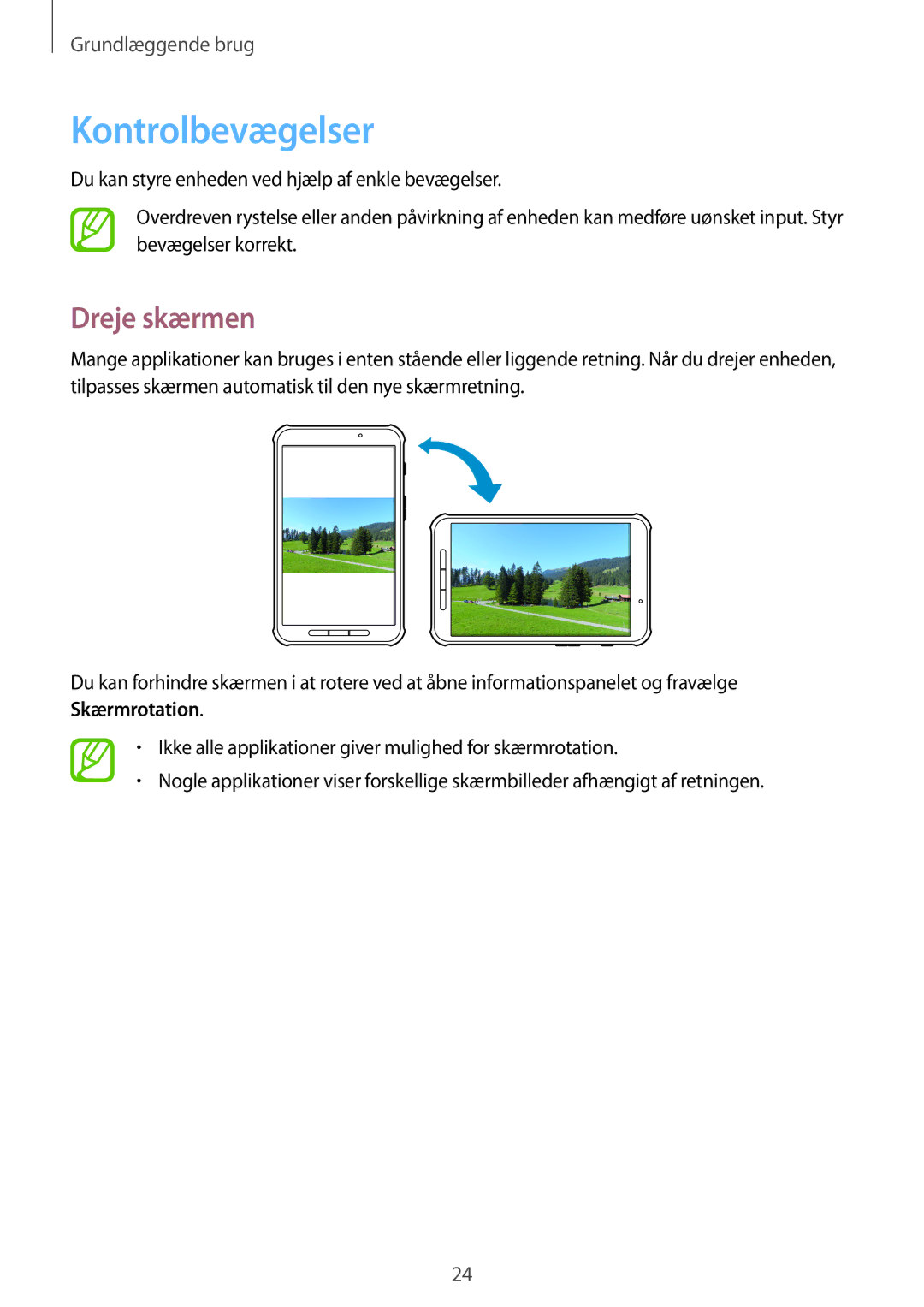 Samsung SM-T360NNGANEE manual Kontrolbevægelser, Dreje skærmen 