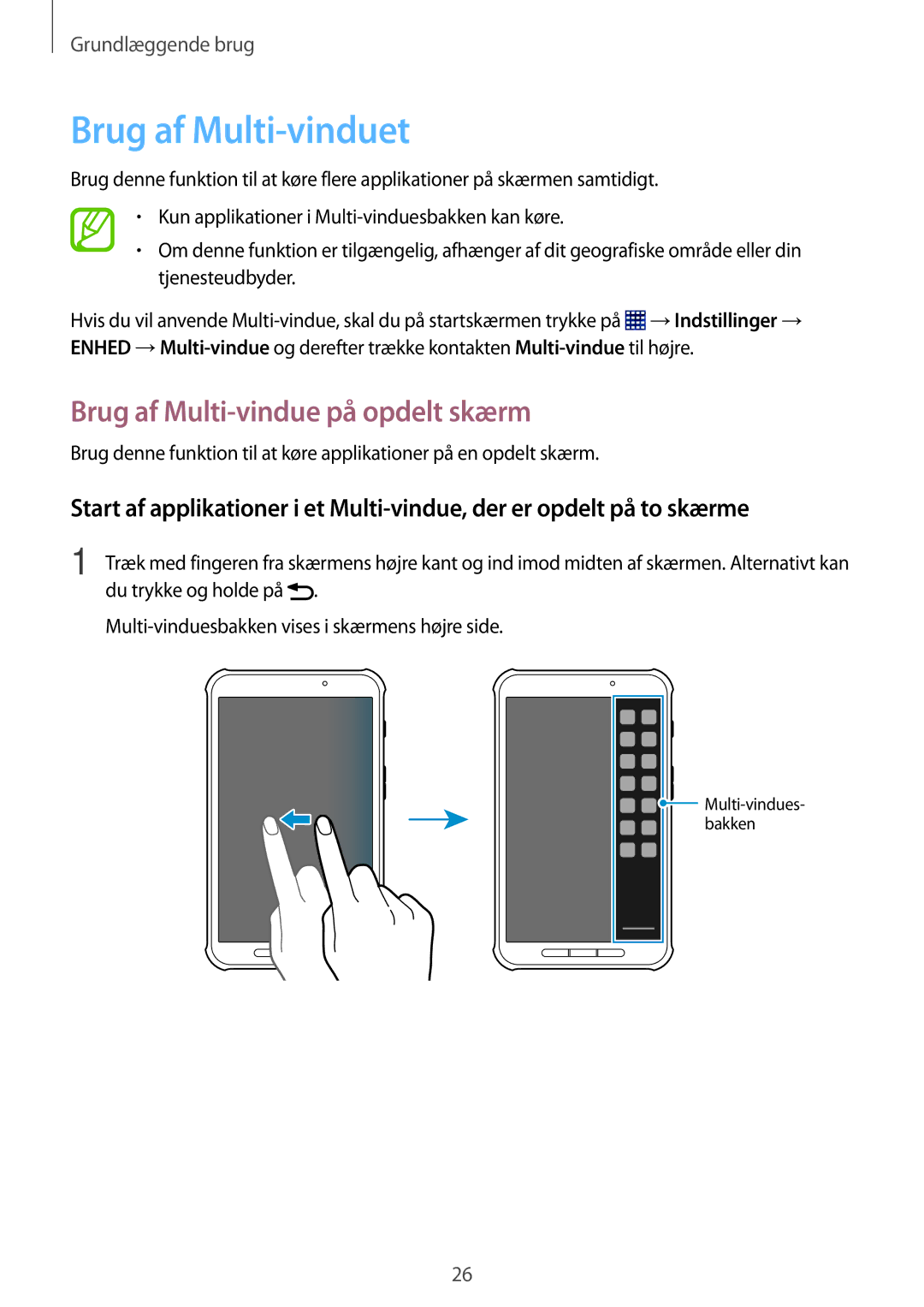 Samsung SM-T360NNGANEE manual Brug af Multi-vinduet, Brug af Multi-vindue på opdelt skærm 