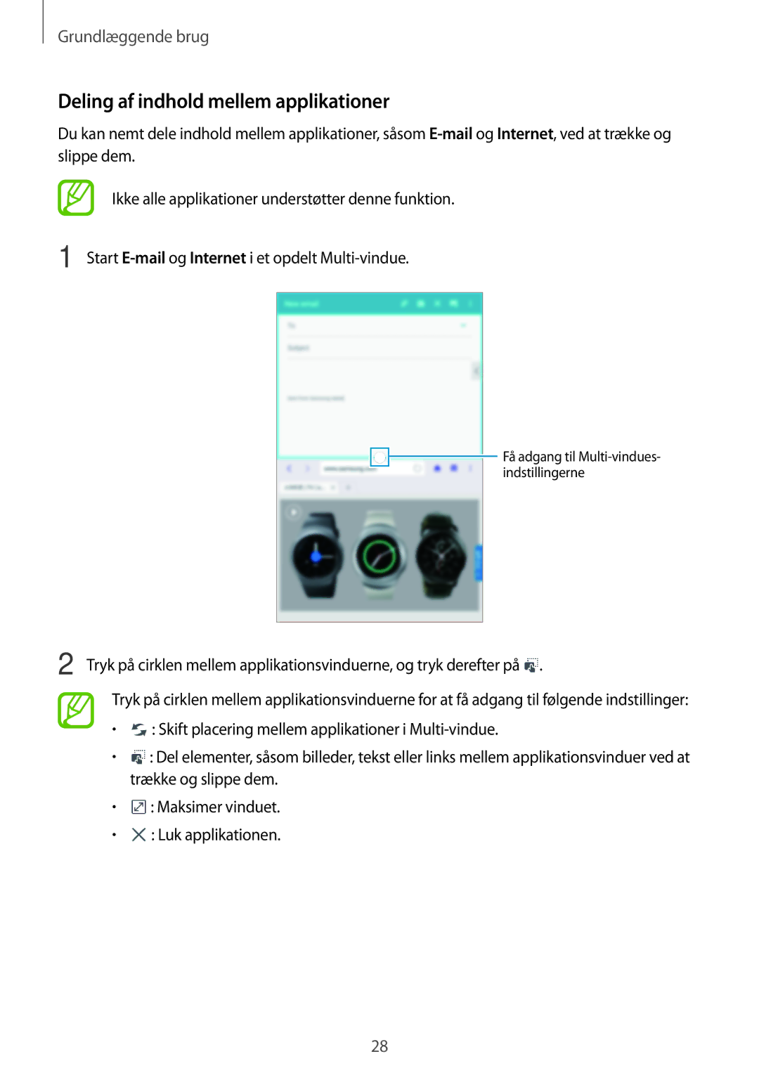 Samsung SM-T360NNGANEE manual Deling af indhold mellem applikationer 