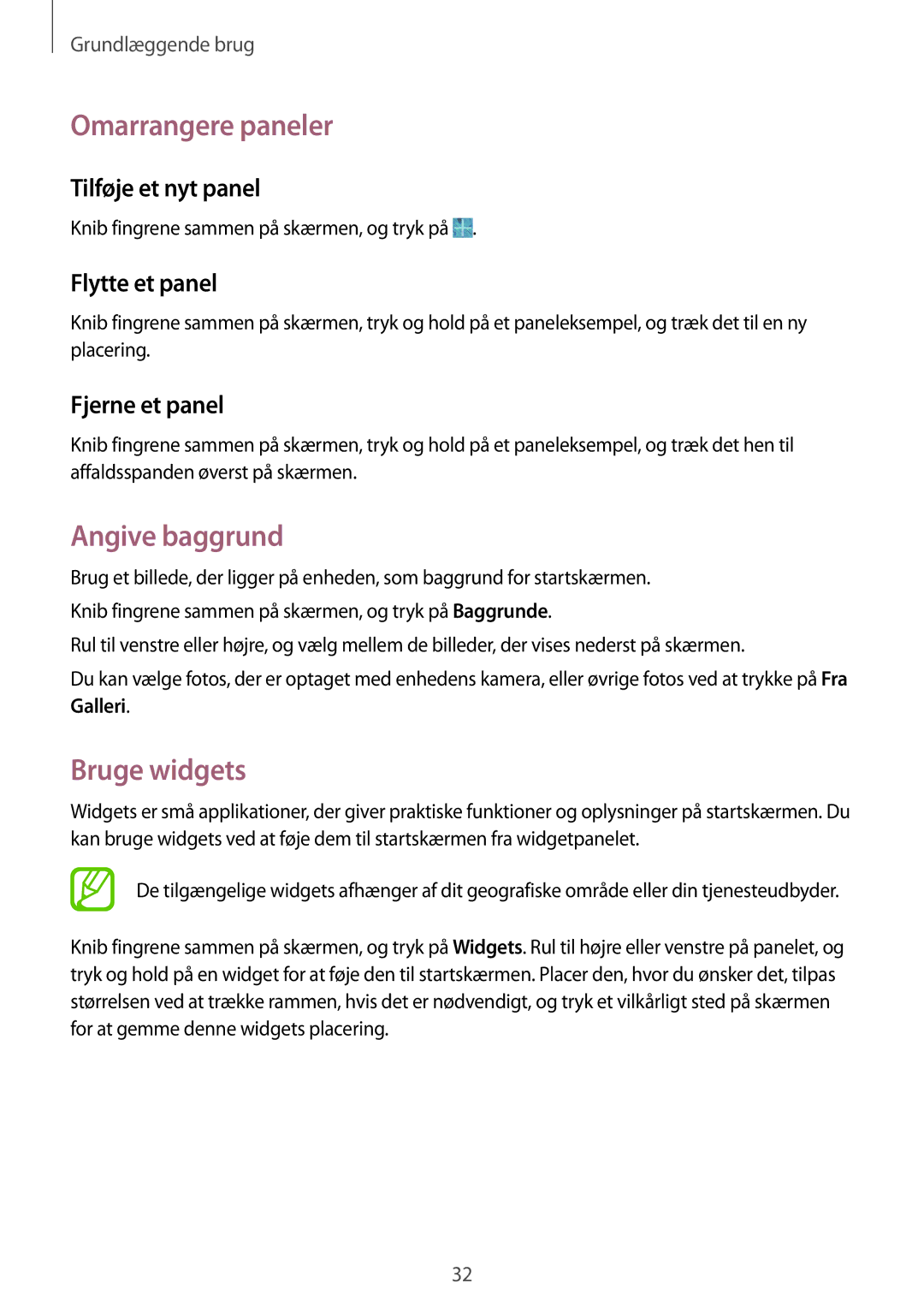 Samsung SM-T360NNGANEE manual Omarrangere paneler, Angive baggrund, Bruge widgets 