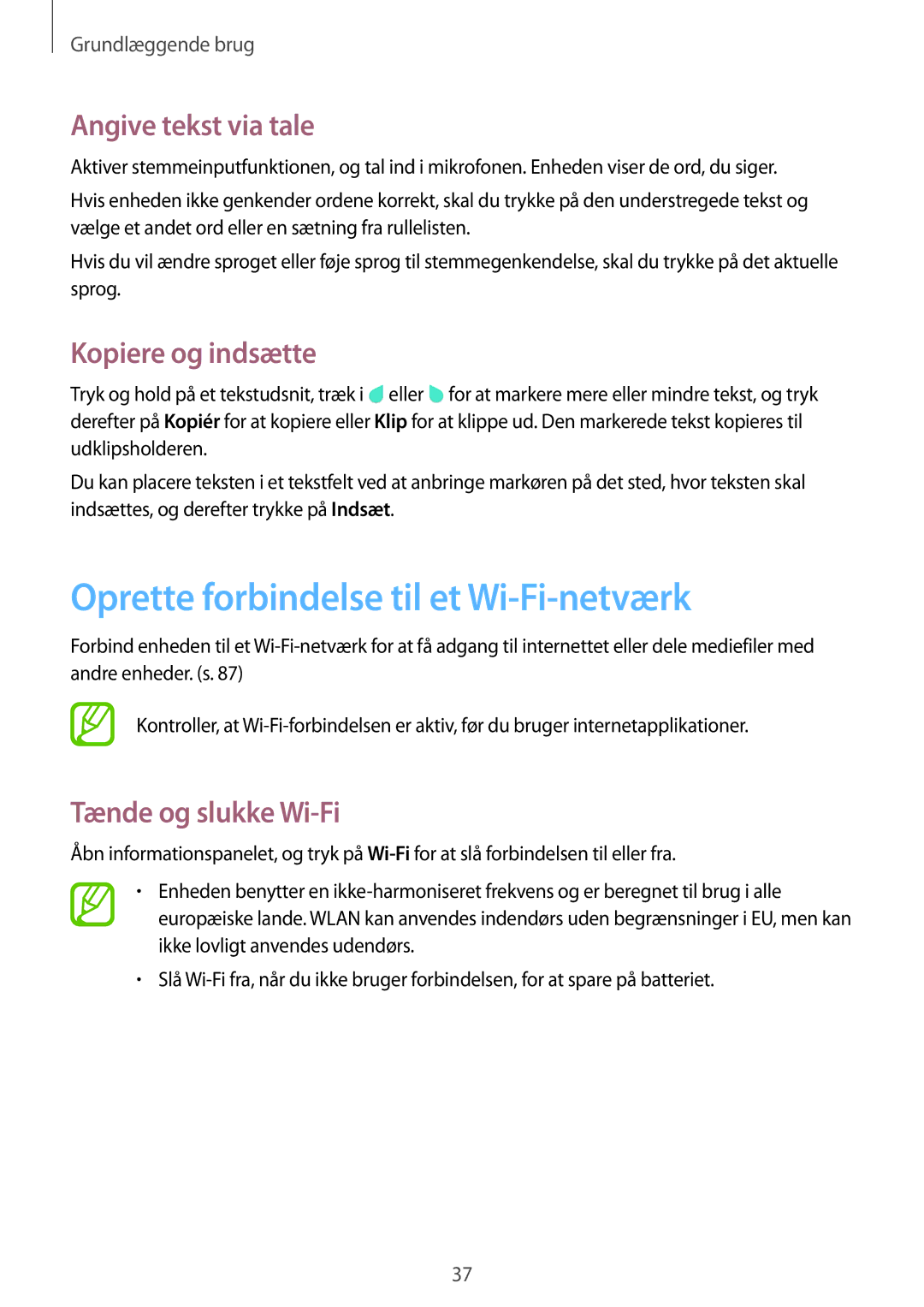 Samsung SM-T360NNGANEE manual Oprette forbindelse til et Wi-Fi-netværk, Angive tekst via tale, Kopiere og indsætte 